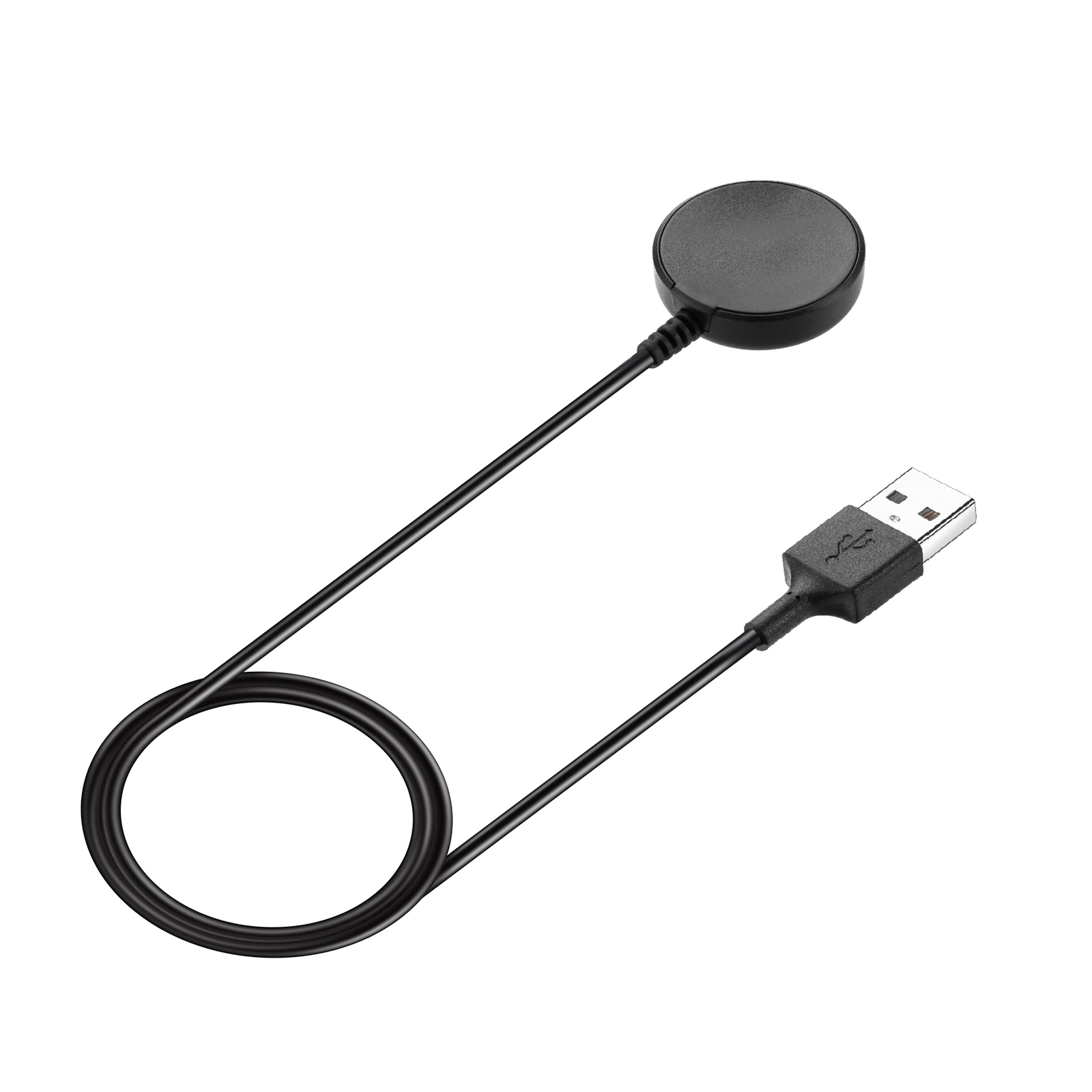 Ein schwarzes und rundes Ladegerät mit einem USB-Kabel.