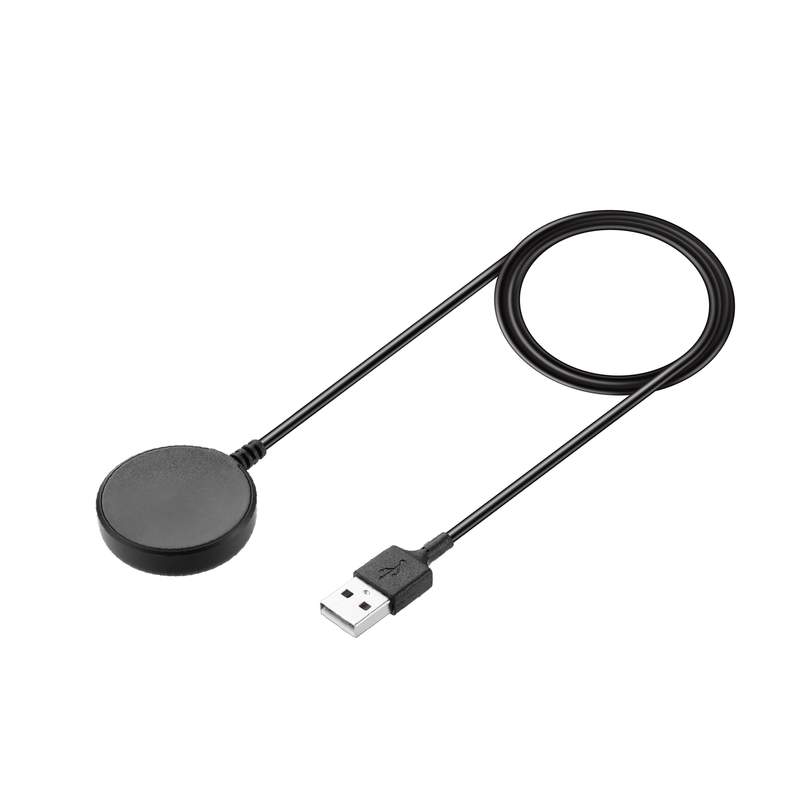Ein schwarzes und graues rundes Uhrenladegerät mit USB-Kabel wird auf weißem Hintergrund gezeigt.