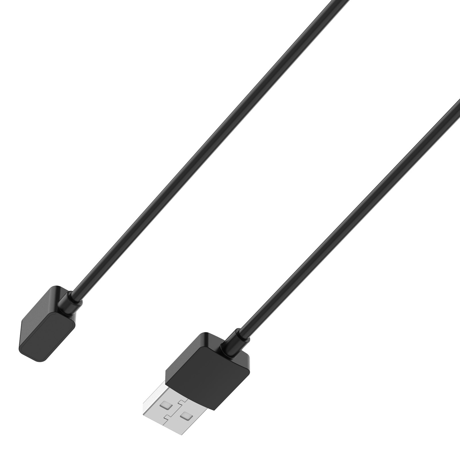 Schwarzes USB-Kabel mit USB-Anschluss und kleinerem Stecker. Weißer Hintergrund.