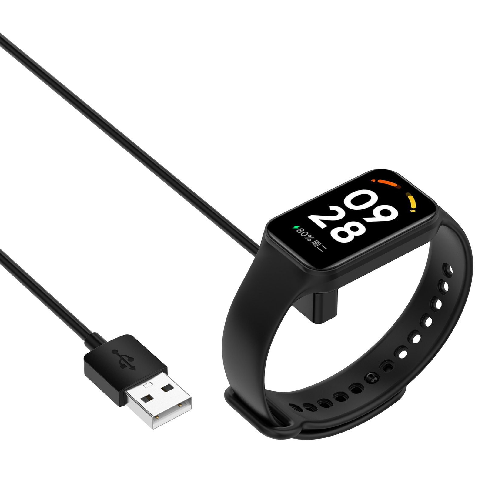 Schwarzer Fitness-Tracker auf Ladestation, verbunden mit USB-Kabel. Zeigt Datum und Akkuladestand.