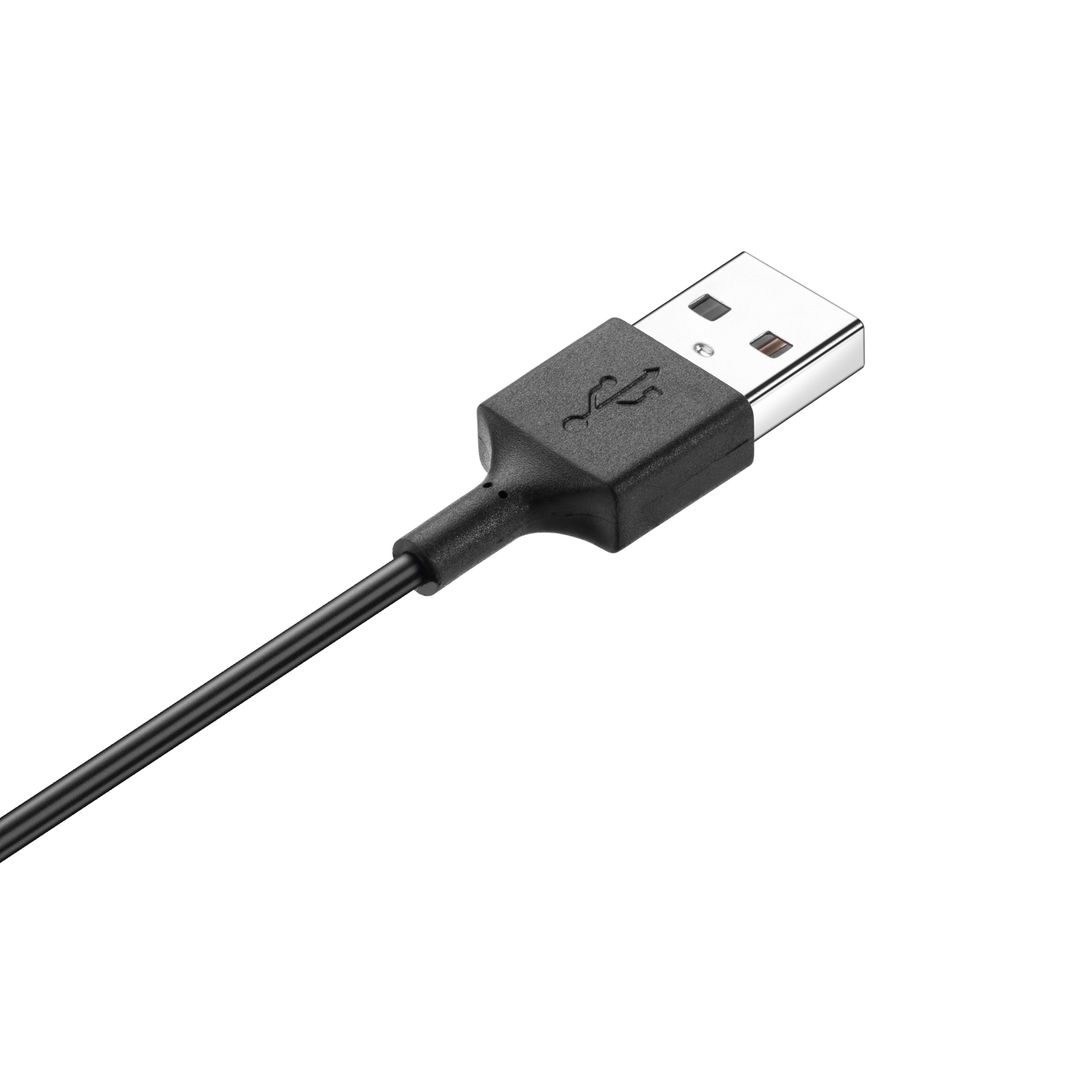 Ein schwarzes USB-A-Kabel mit einem schwarzen Stecker auf weißem Hintergrund.