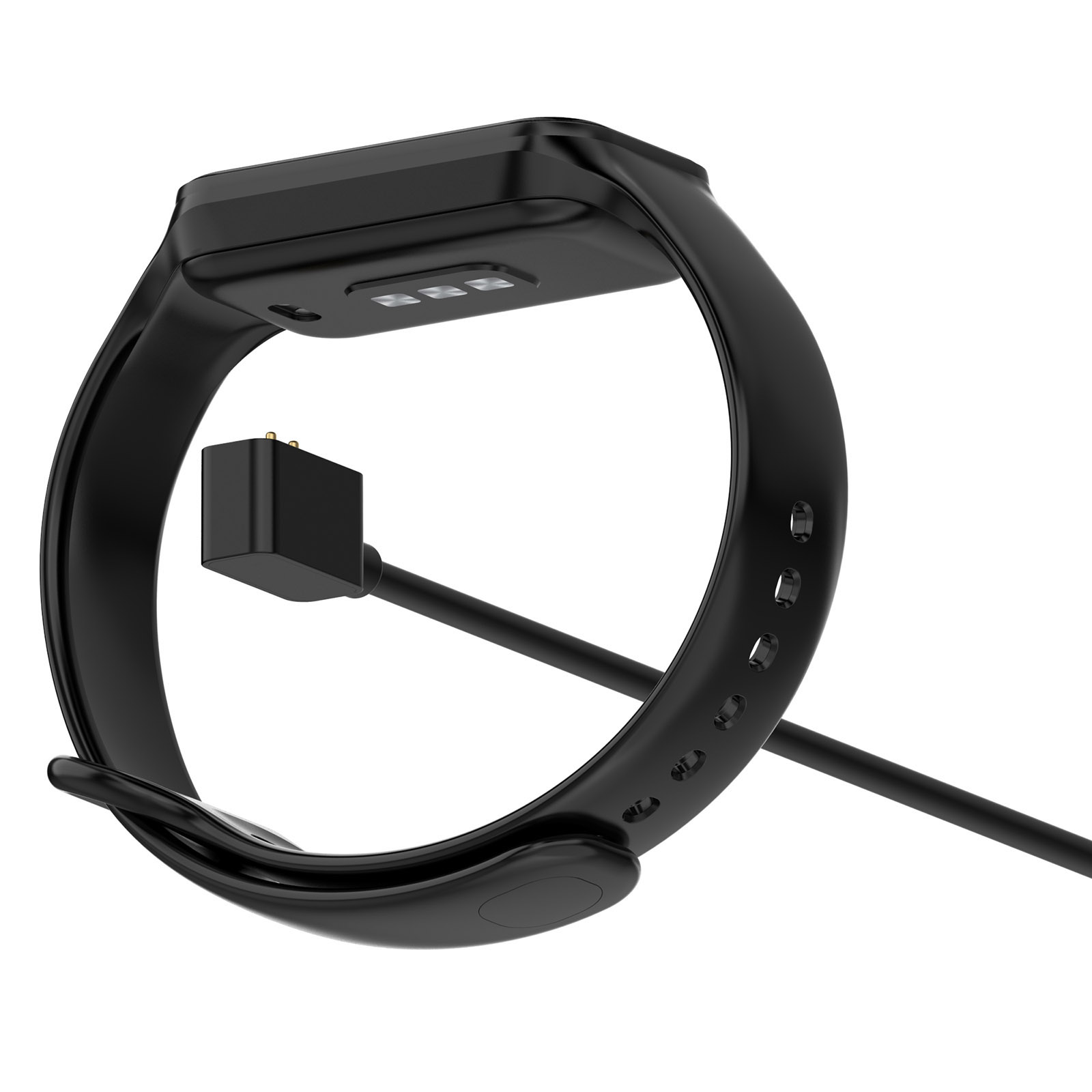Schwarze Smartwatch mit schwarzem Ladekabel, das an einen schwarzen Netzadapter angeschlossen ist.