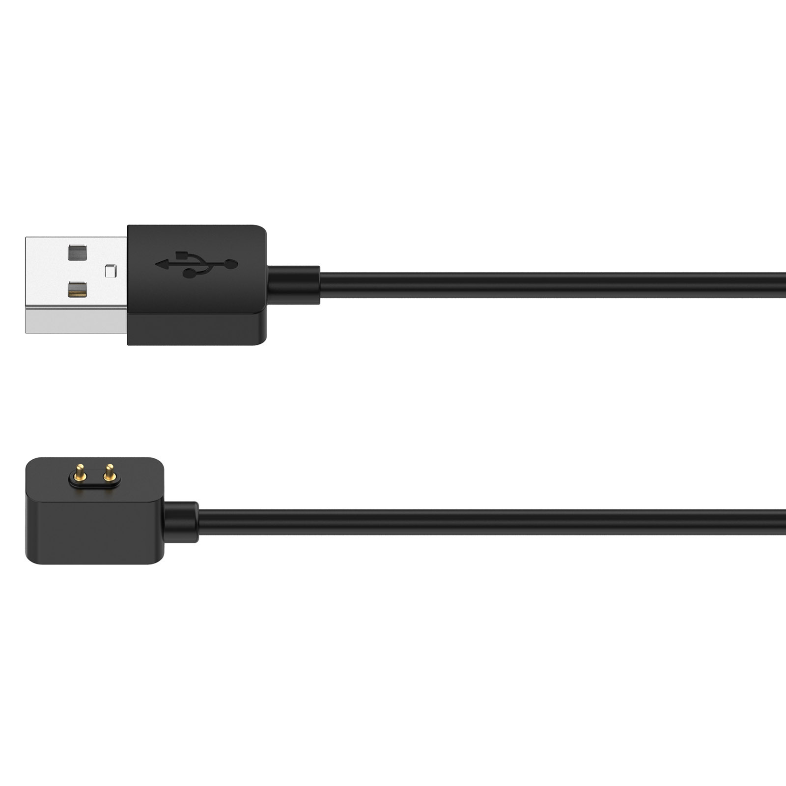 Schwarzes USB-Kabel mit einem USB-A-Anschluss und einem magnetischen Ladeende.