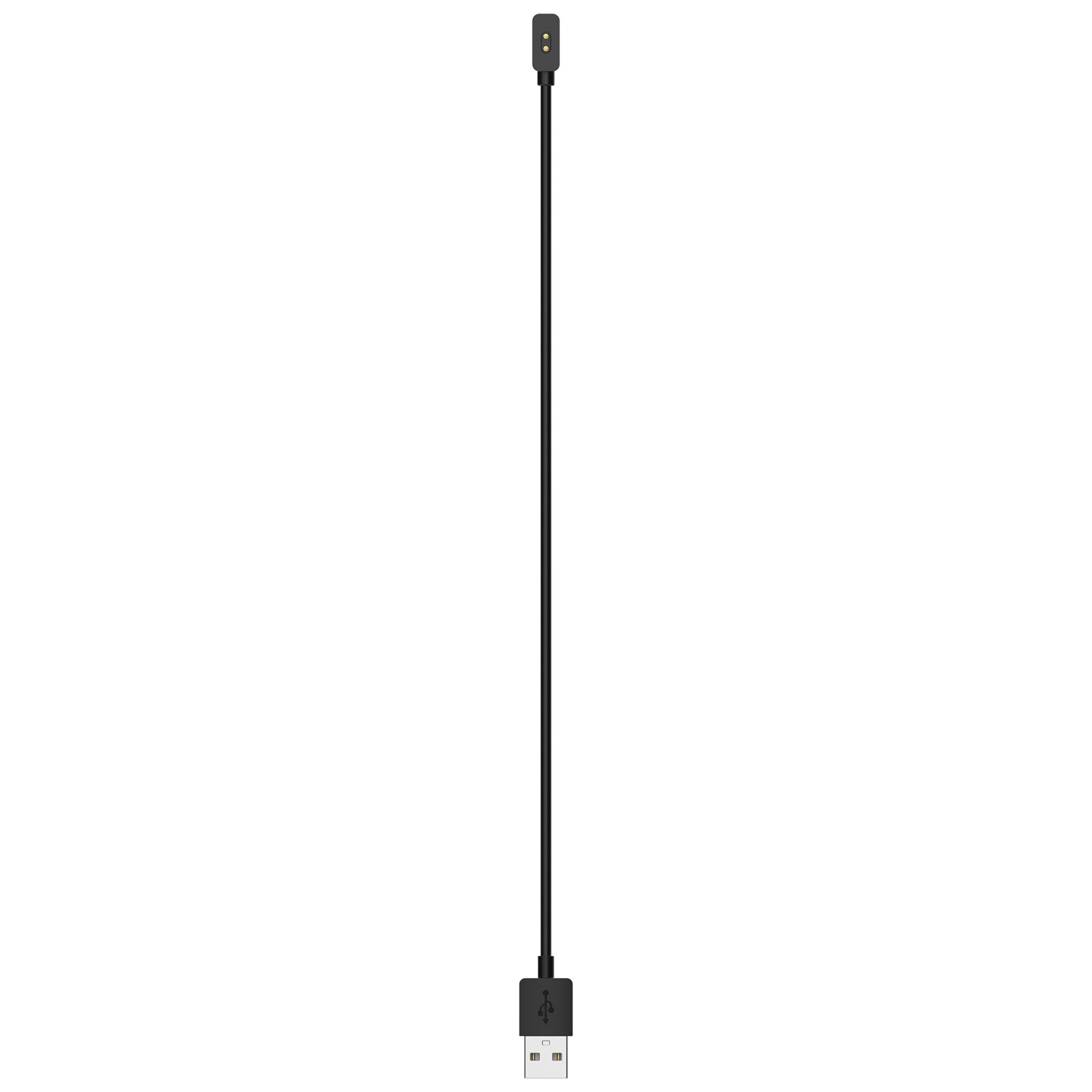 Ein schwarzes USB-Ladekabel. Das Kabel ist gerade und hat an einem Ende einen USB-Anschluss.