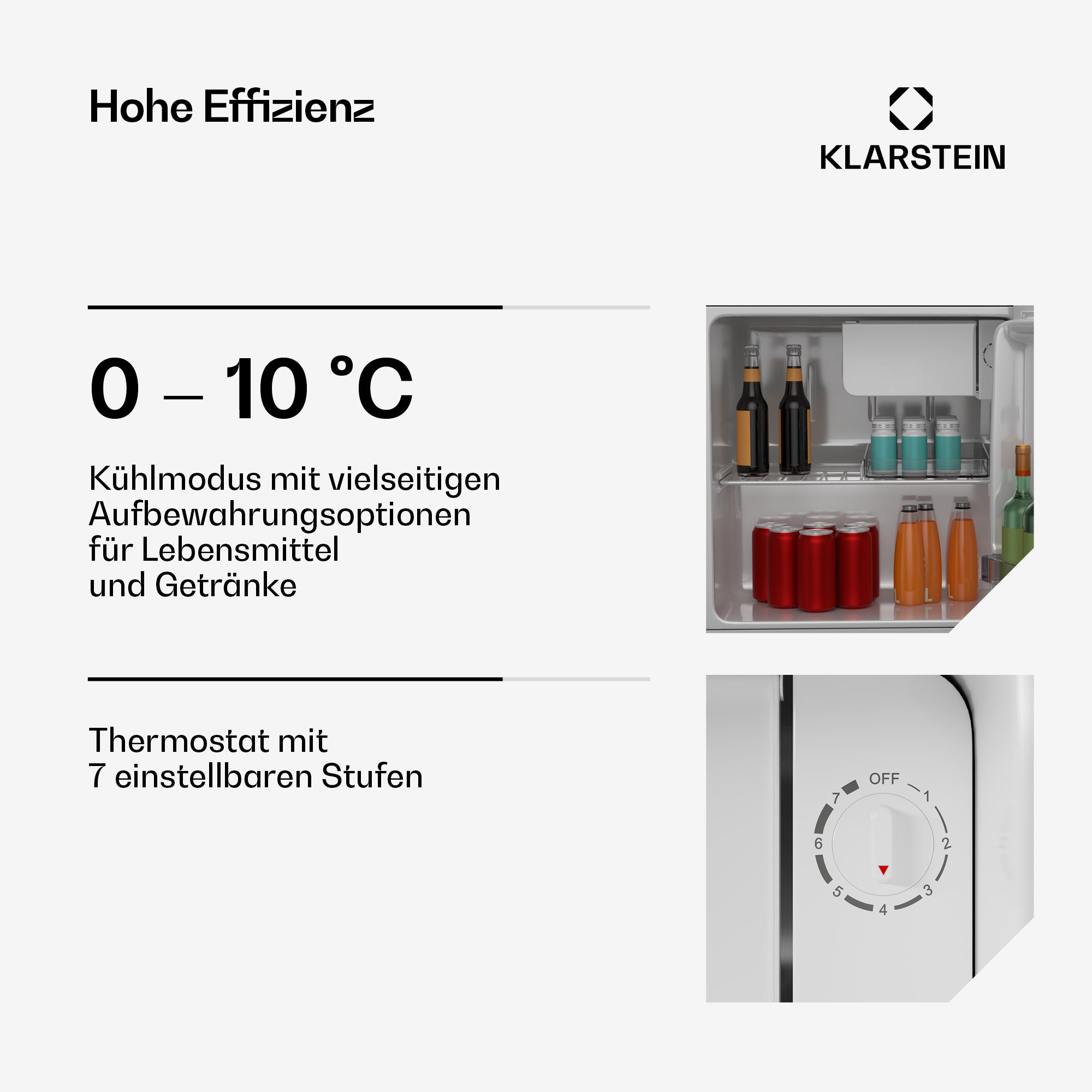 Minikühlschrank mit Getränken. Temperaturwahl mit Einstellungen. Optionen für Lebensmittel.