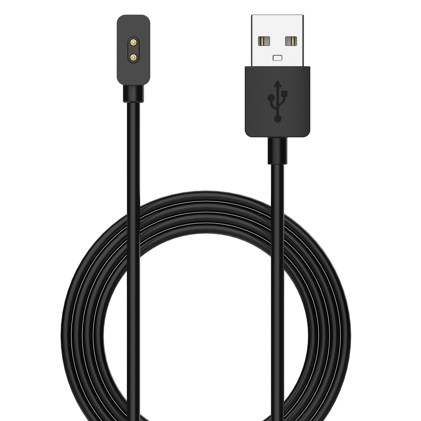 Schwarzes USB-Kabel mit Magnetanschluss. Die USB-Seite hat einen USB-Anschluss.