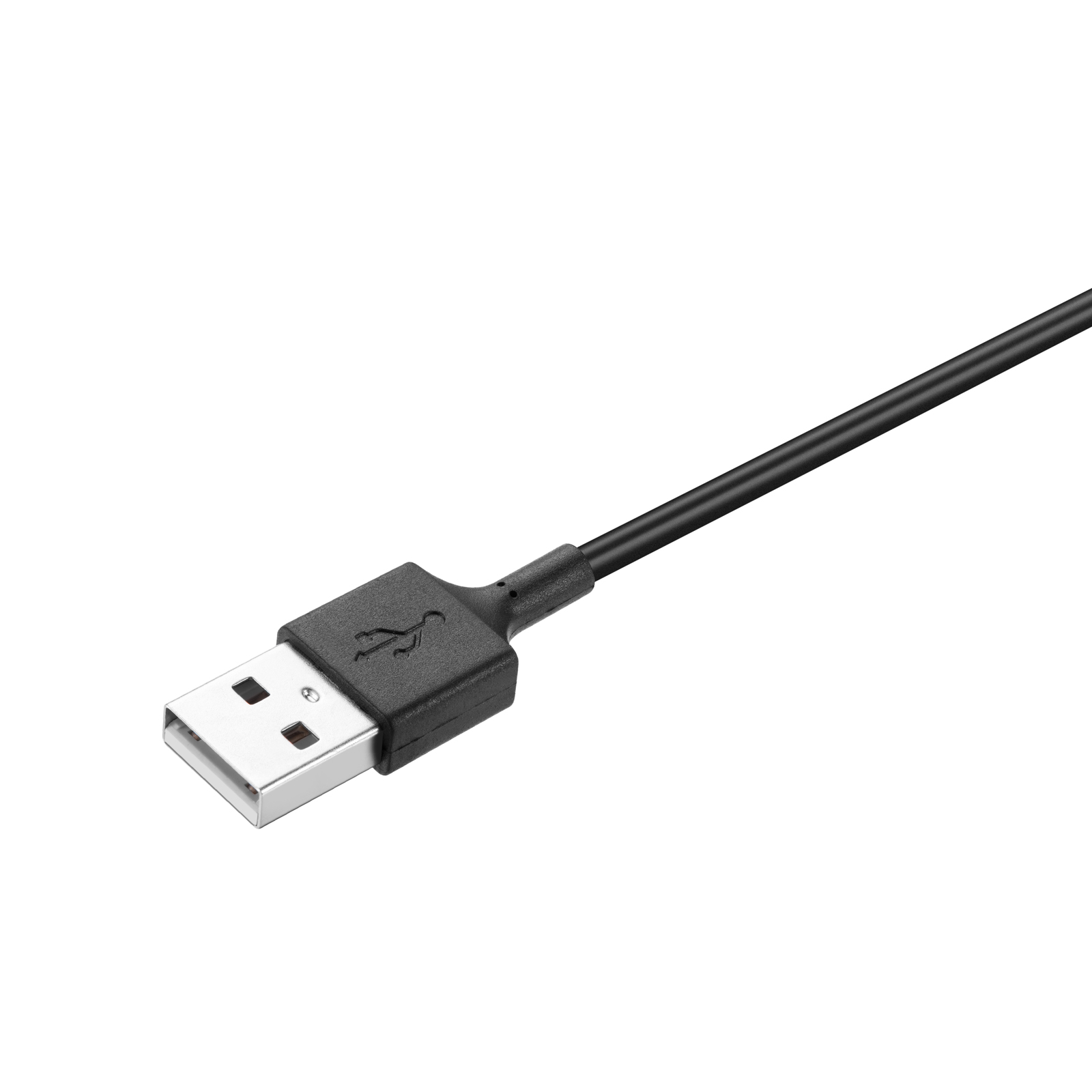Ein schwarzes USB-Kabel mit sichtbarem USB-Ende vor weißem Hintergrund.