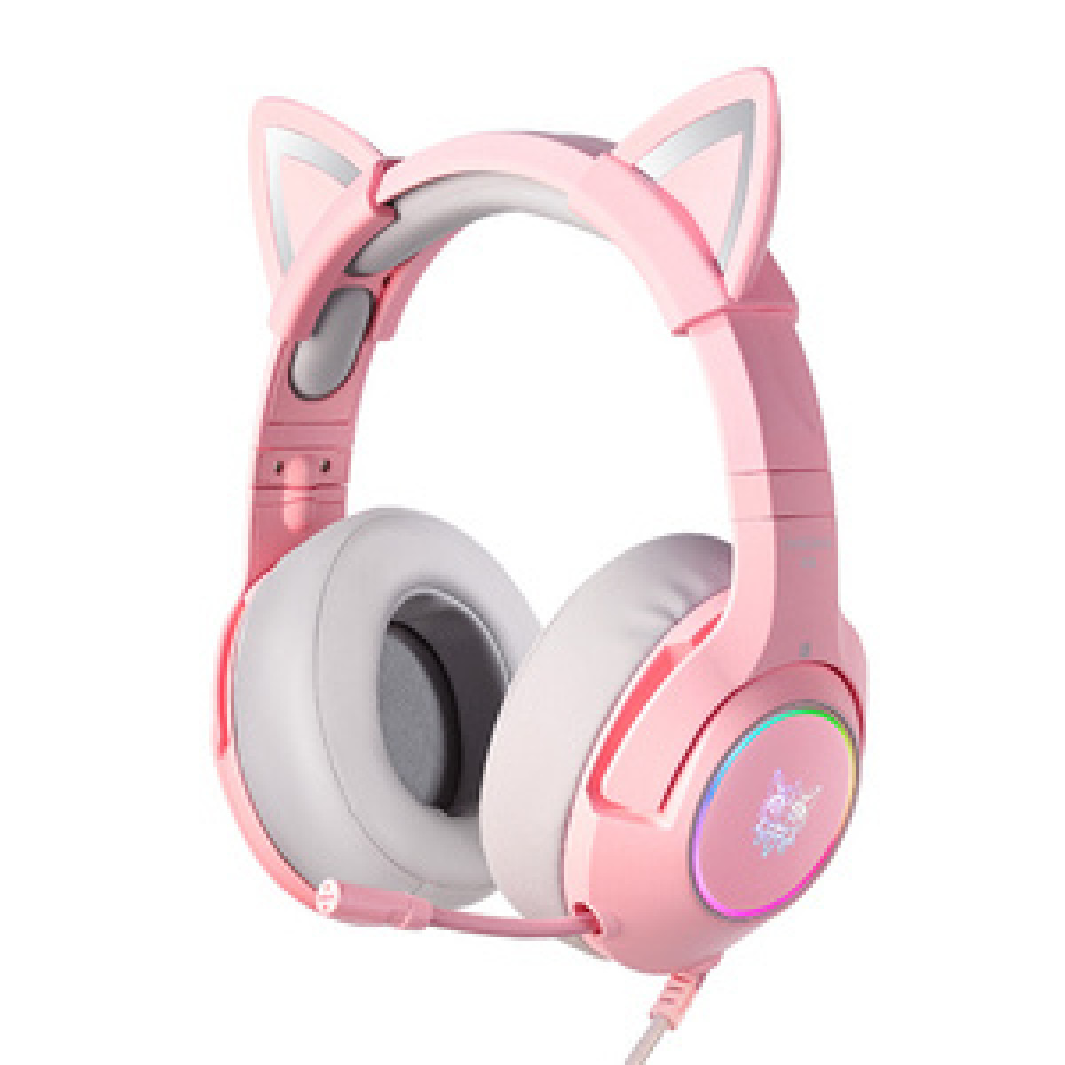 Cuffie rosa con orecchie da gatto. Padiglioni bianchi, fascia rosa e microfono. Isolato su bianco.