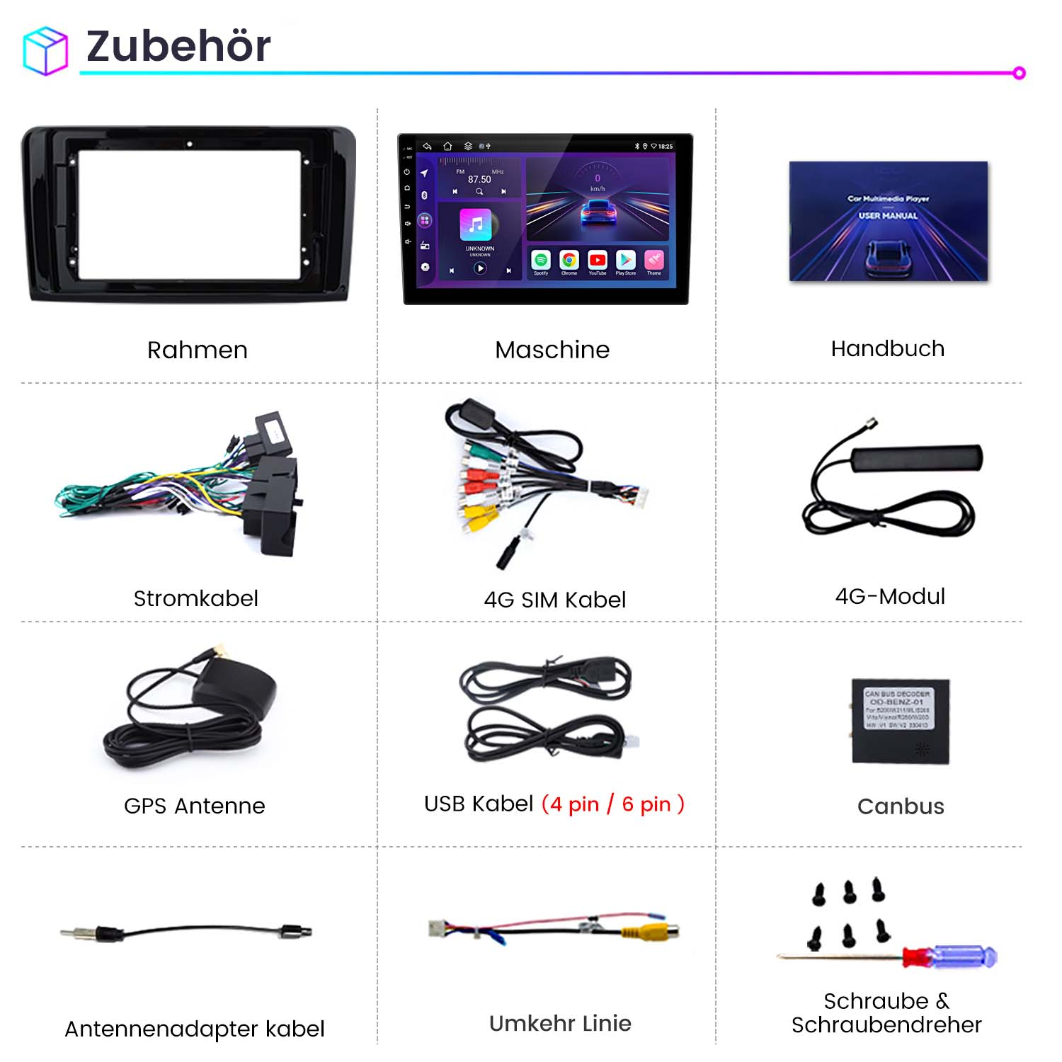Auto-Multimedia-Zubehör: Rahmen, Maschine, Handbuch, Kabel, Antenne, Canbus usw. Schwarz und Silber.