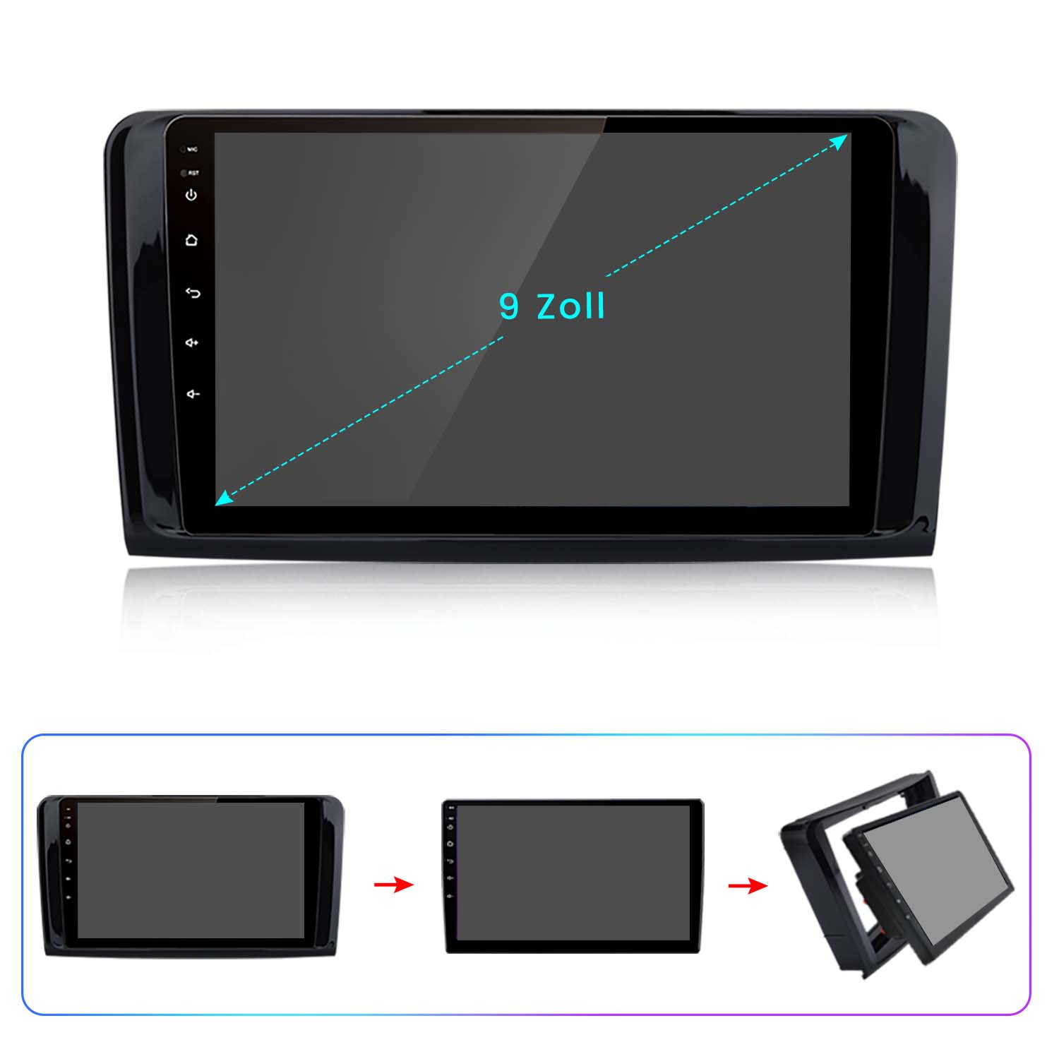 Schwarzer Autoradiobildschirm mit 9-Zoll-Display. Zeigt ein Diagramm des Installationsprozesses.