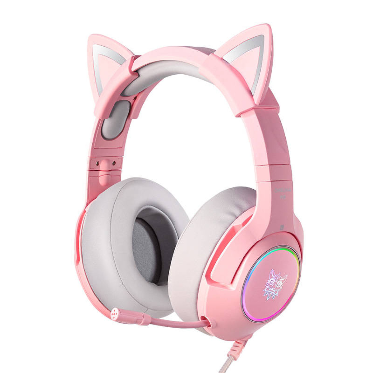 Cuffie rosa con orecchie da gatto. Cuscinetti bianchi. Design rosa e grigio. Il microfono è visibile.