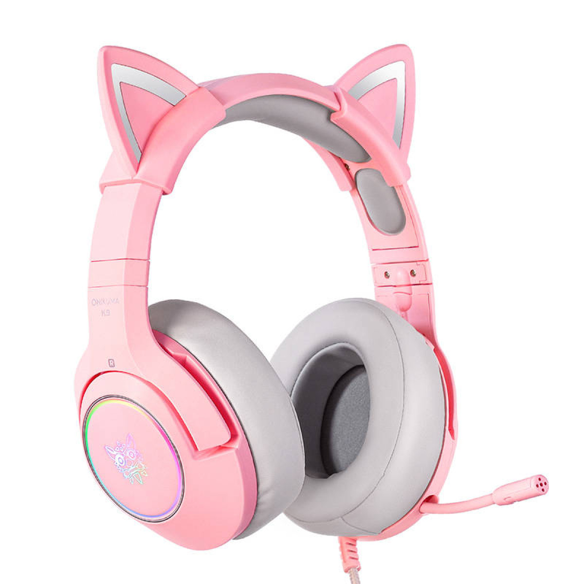 Cuffie rosa con orecchie da gatto e microfono. Cuscinetti e fascia grigi.