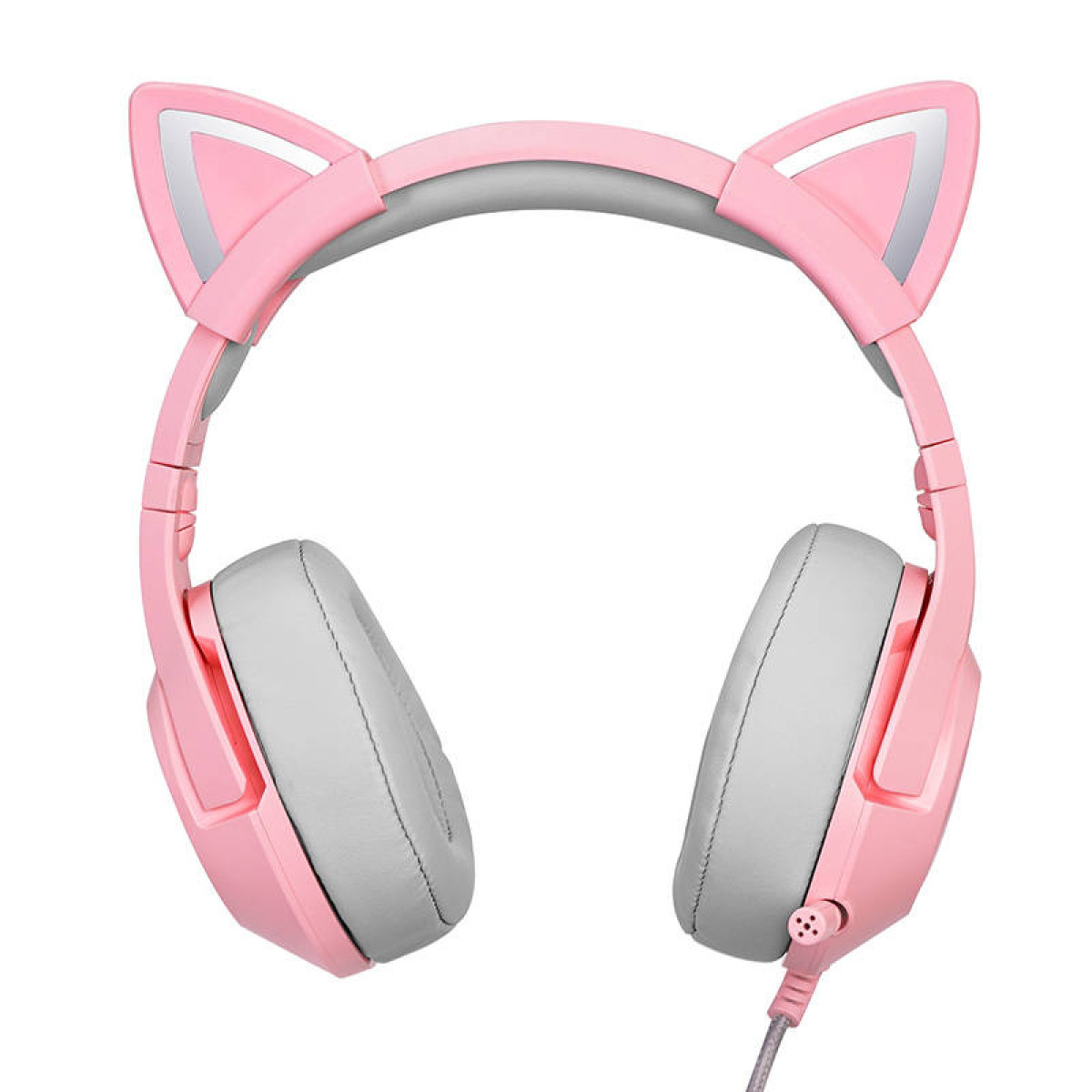 Cuffie rosa con orecchie da gatto, padiglioni grigi e microfono su sfondo bianco.