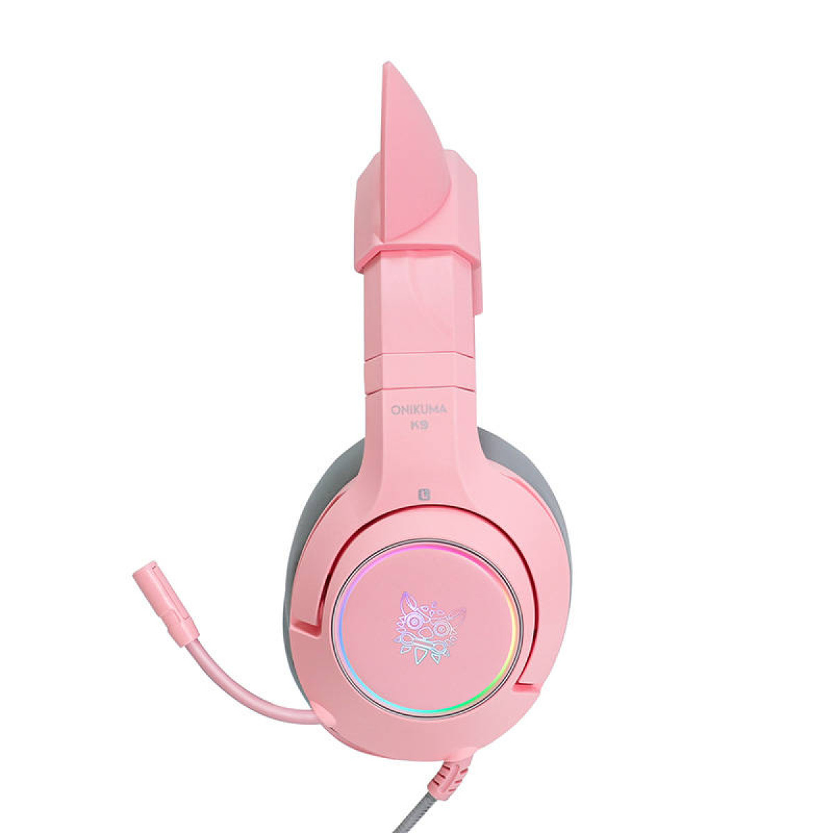 Cuffie da gioco ONIKUMA K9 rosa con microfono. Ha orecchie da gatto rosa e un logo.