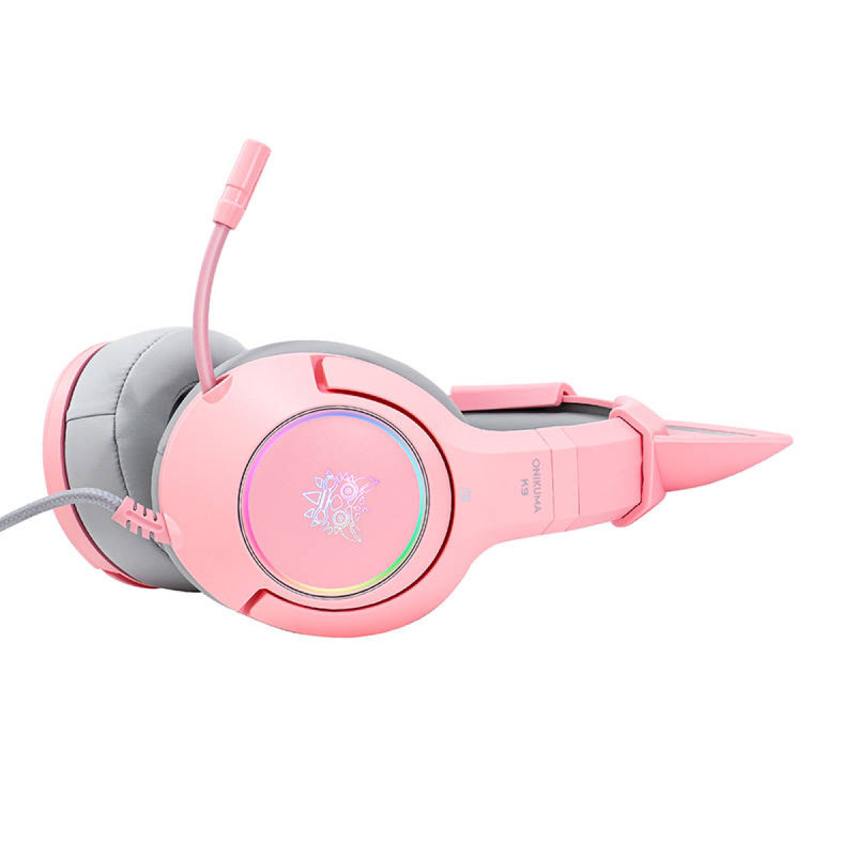 Cuffie da gioco rosa e grigie con microfono e logo.
