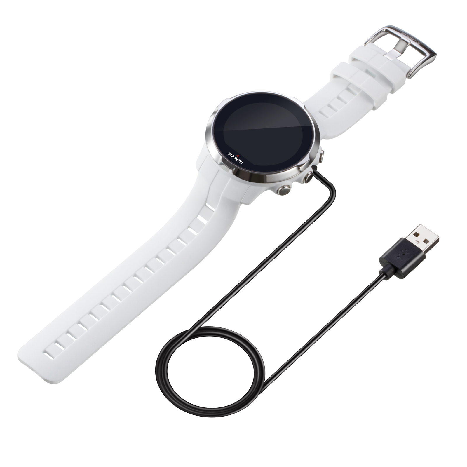 Biały smartwatch z czarnym kablem do ładowania. Złącze USB po prawej stronie.