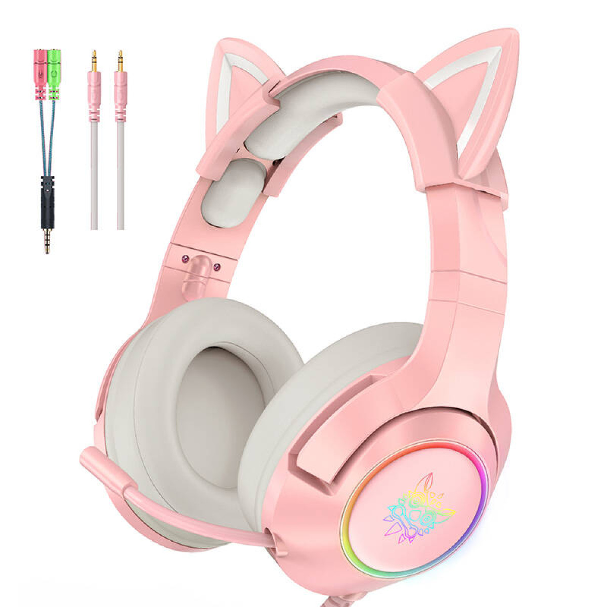 Cuffie rosa con orecchie da gatto, padiglioni bianchi e microfono. Sono presenti tre jack audio di diversi colori.