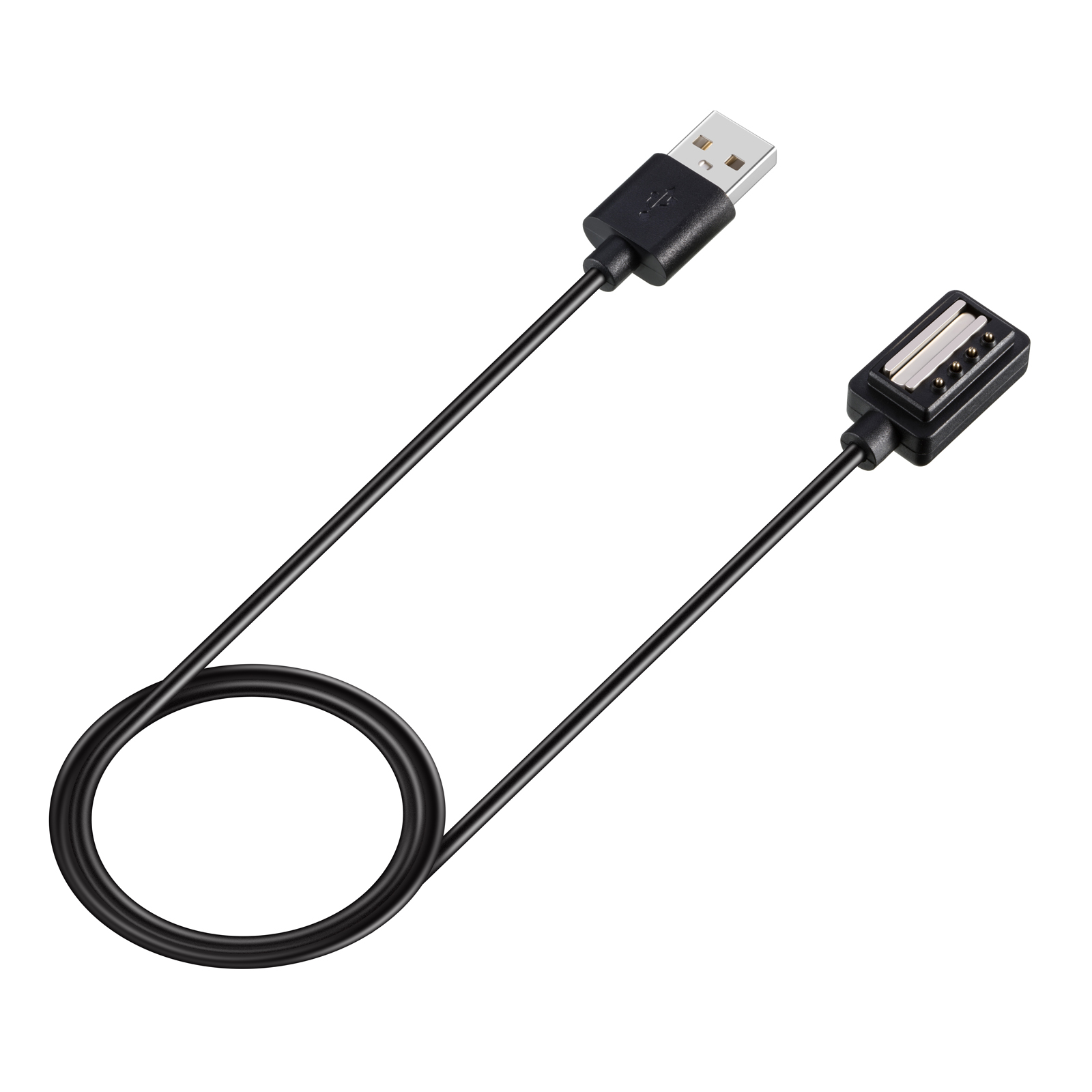 Czarny kabel ładujący ze złączem USB na jednym końcu i magnetyczną podkładką ładującą na drugim.