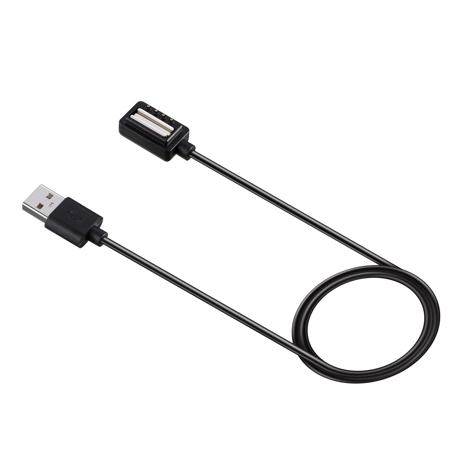 Czarny kabel USB ze złączem USB i mniejszym złączem. Białe tło.
