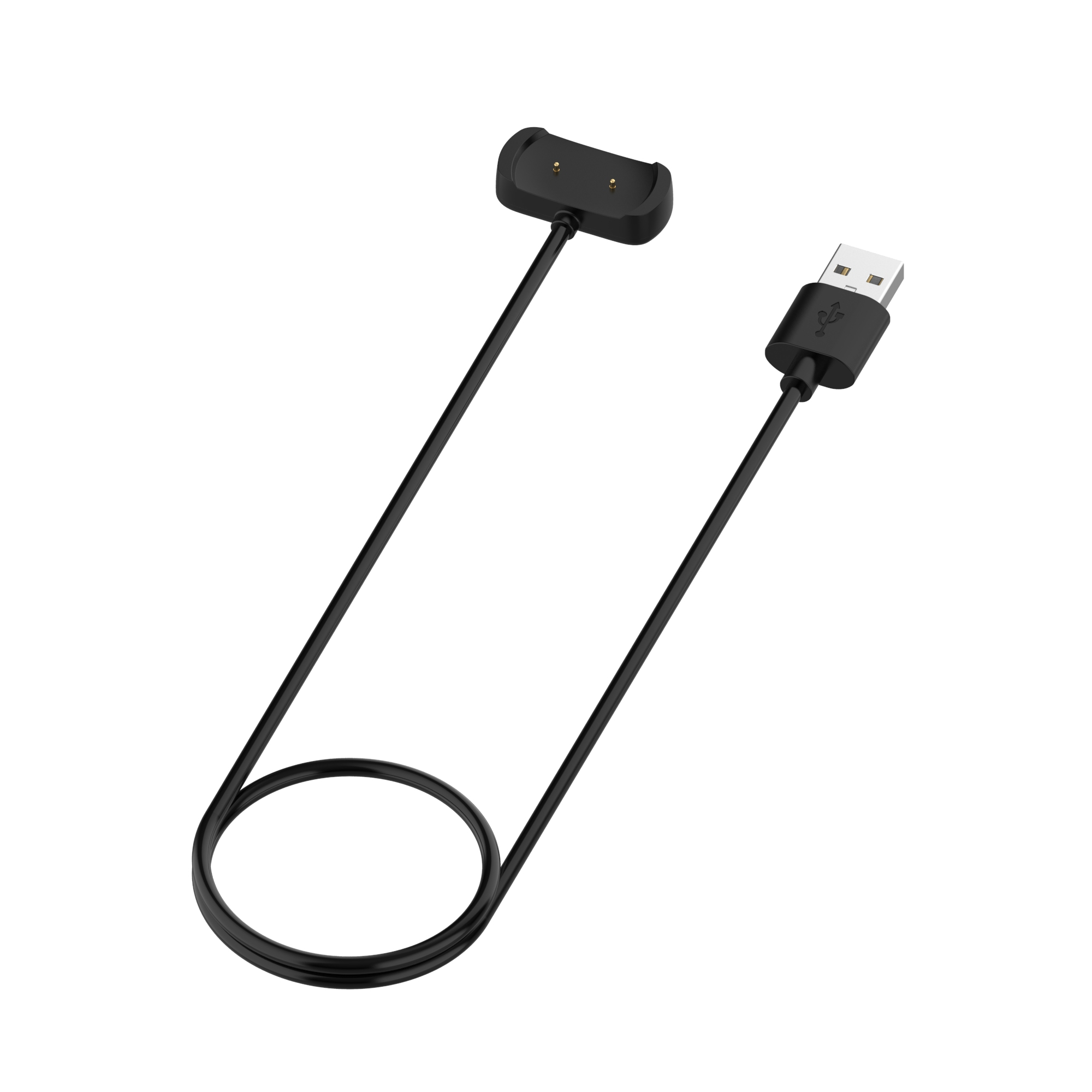 Schwarzes Smartwatch-Ladekabel mit USB-Ende und Ladeschale, vor weißem Hintergrund.
