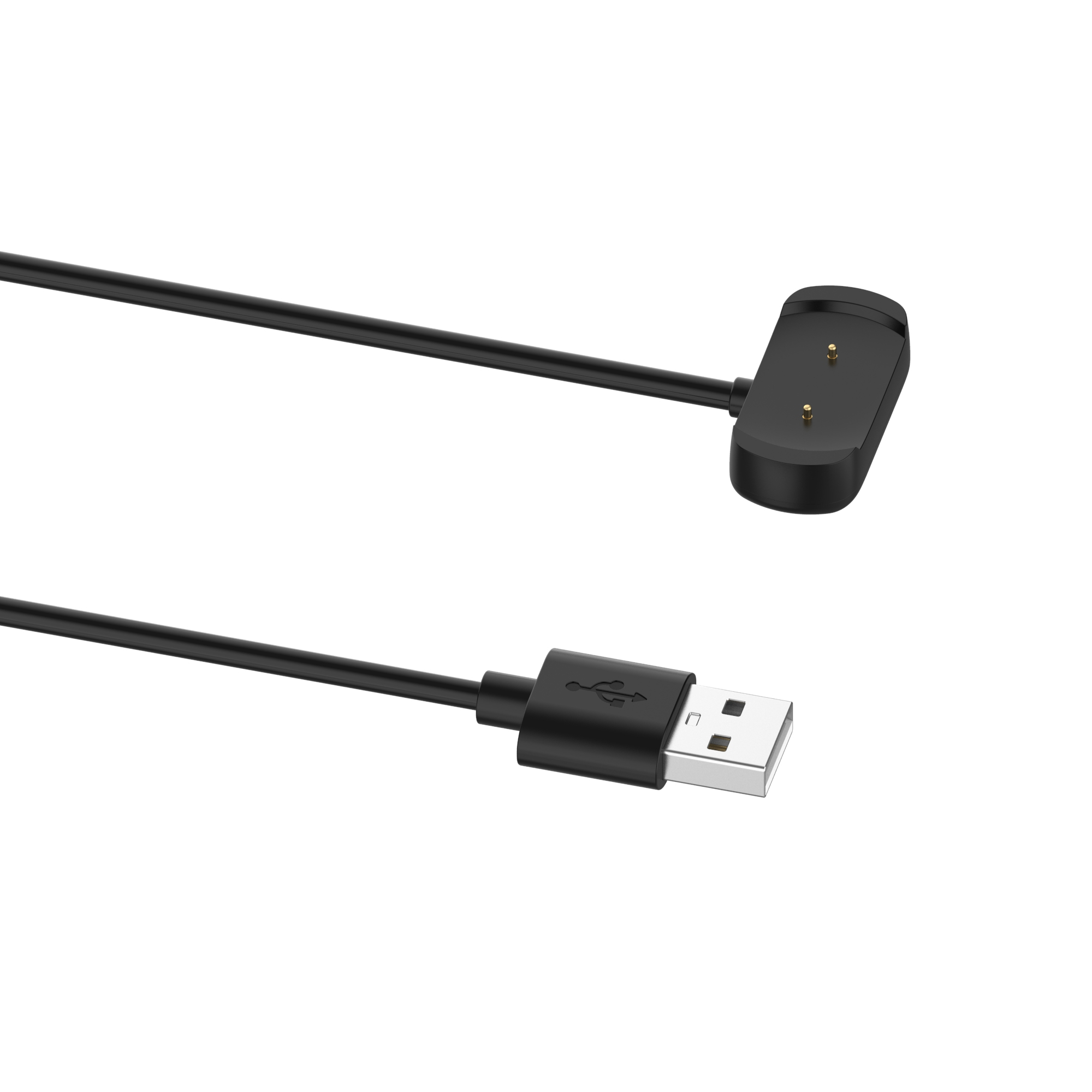 Schwarzes Ladekabel mit USB-Anschluss und Ladekopf, beide schwarz.