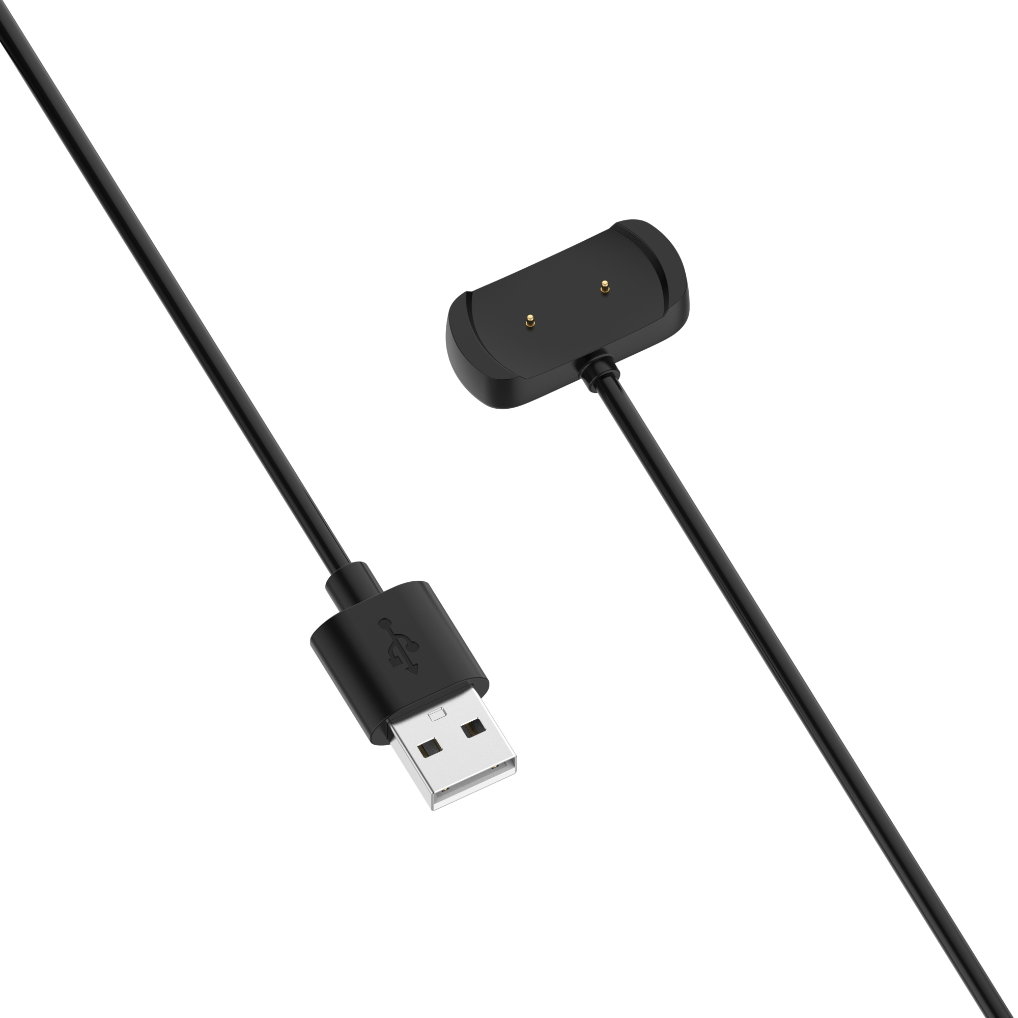 Schwarzes USB-Ladekabel mit USB-Ende und Ladekopf. Weißer Hintergrund.