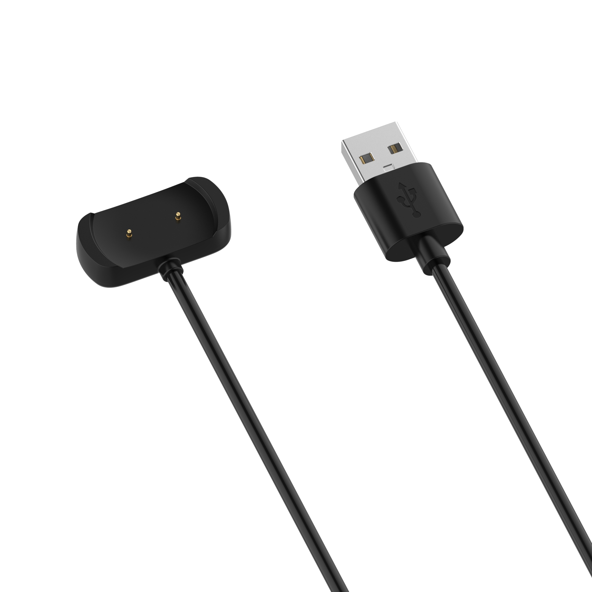 Schwarzes Ladekabel mit USB-Anschluss und Ladestation für eine Smartwatch.