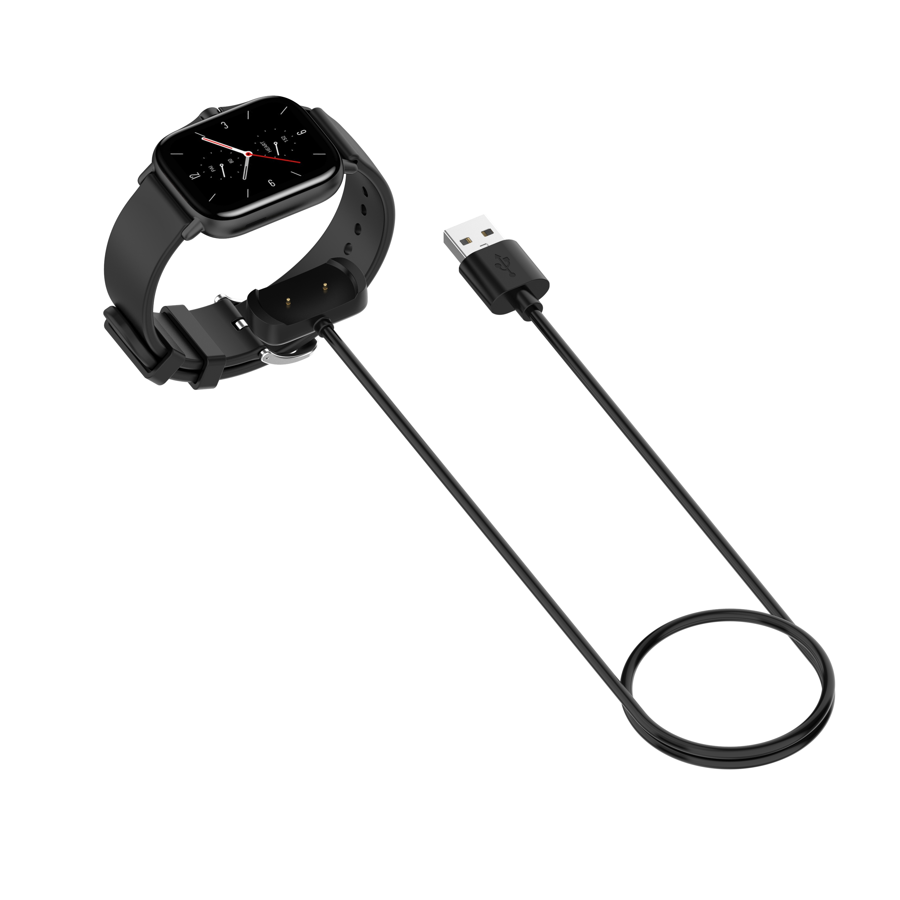 Smartwatch mit schwarzem Armband und Ladekabel. Das Ladegerät ist angeschlossen.