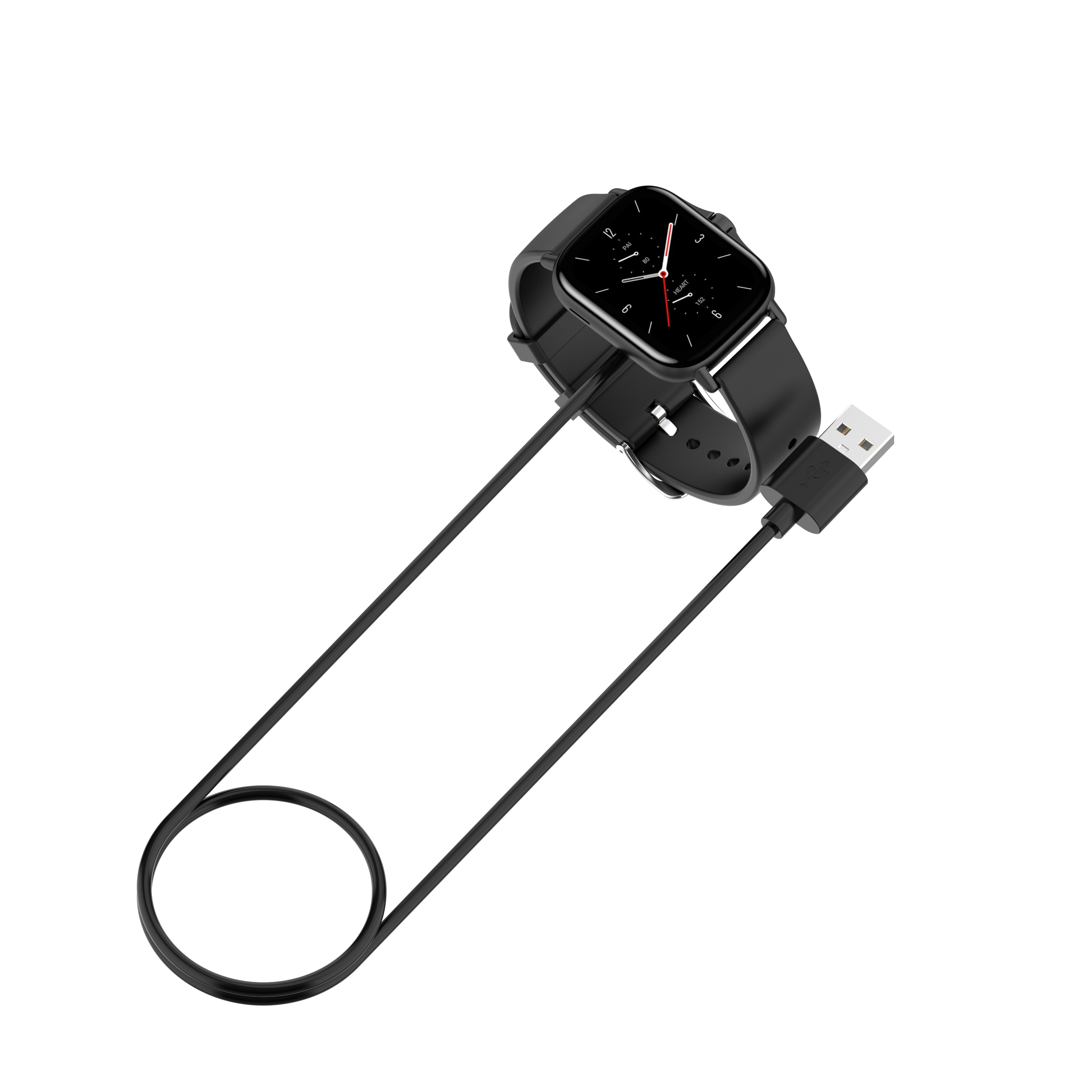 Schwarze Smartwatch, verbunden mit USB-Kabel und Ladegerät. Die Uhr hat ein schwarzes Armband und Digitalanzeige.