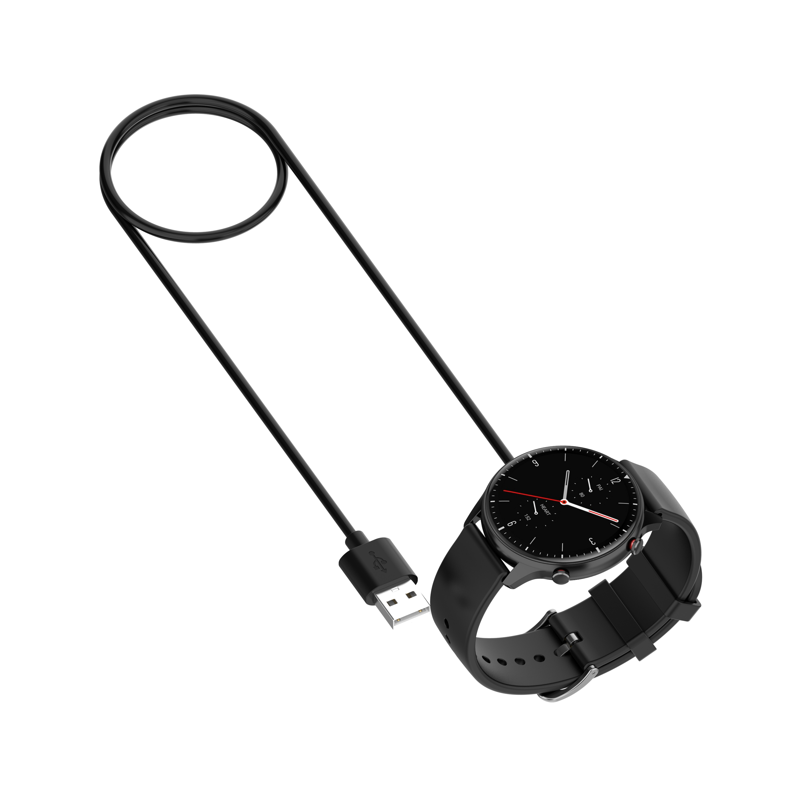 Schwarze Smartwatch mit schwarzem Ladekabel und USB-Anschluss auf weißem Hintergrund.