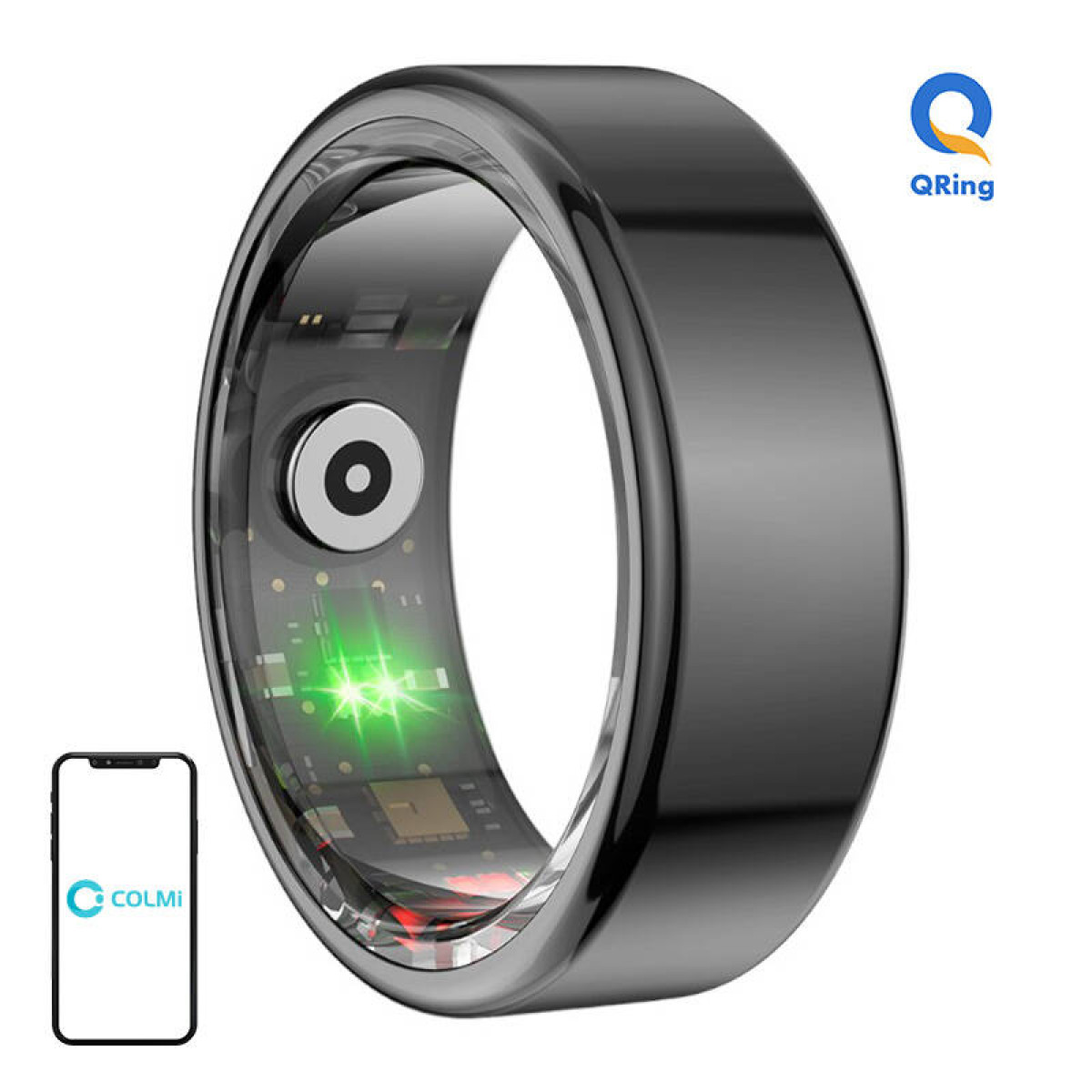 Schwarzer Smart Ring mit Telefon, das die App zeigt.
