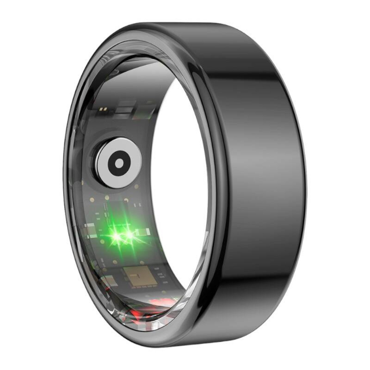 Ein dunkelgrauer Smart-Ring mit transparentem Abschnitt und grünem Licht.