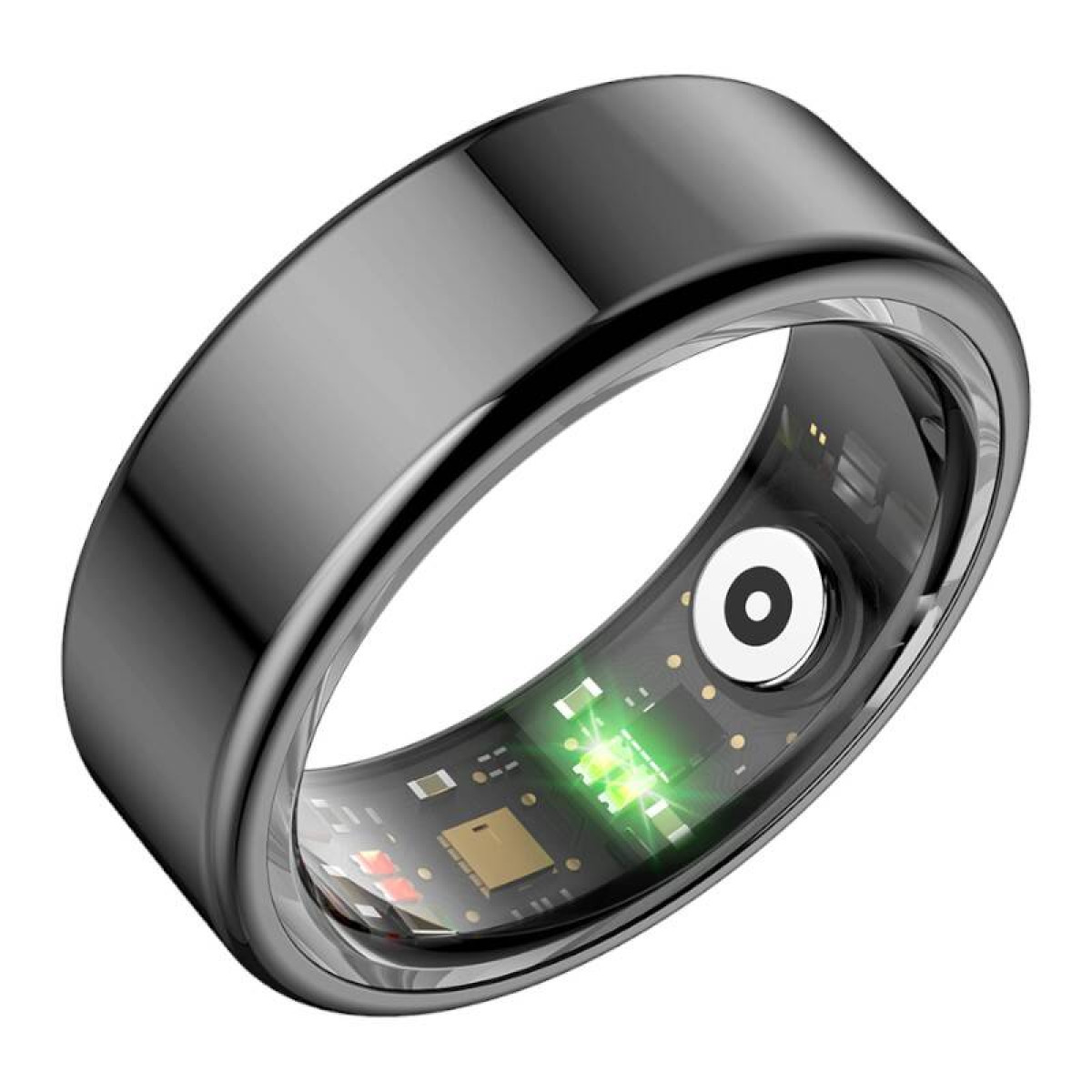 Ein schwarzer Smart-Ring mit grünem Licht und einem kleinen Sensor. Auf weißem Hintergrund.