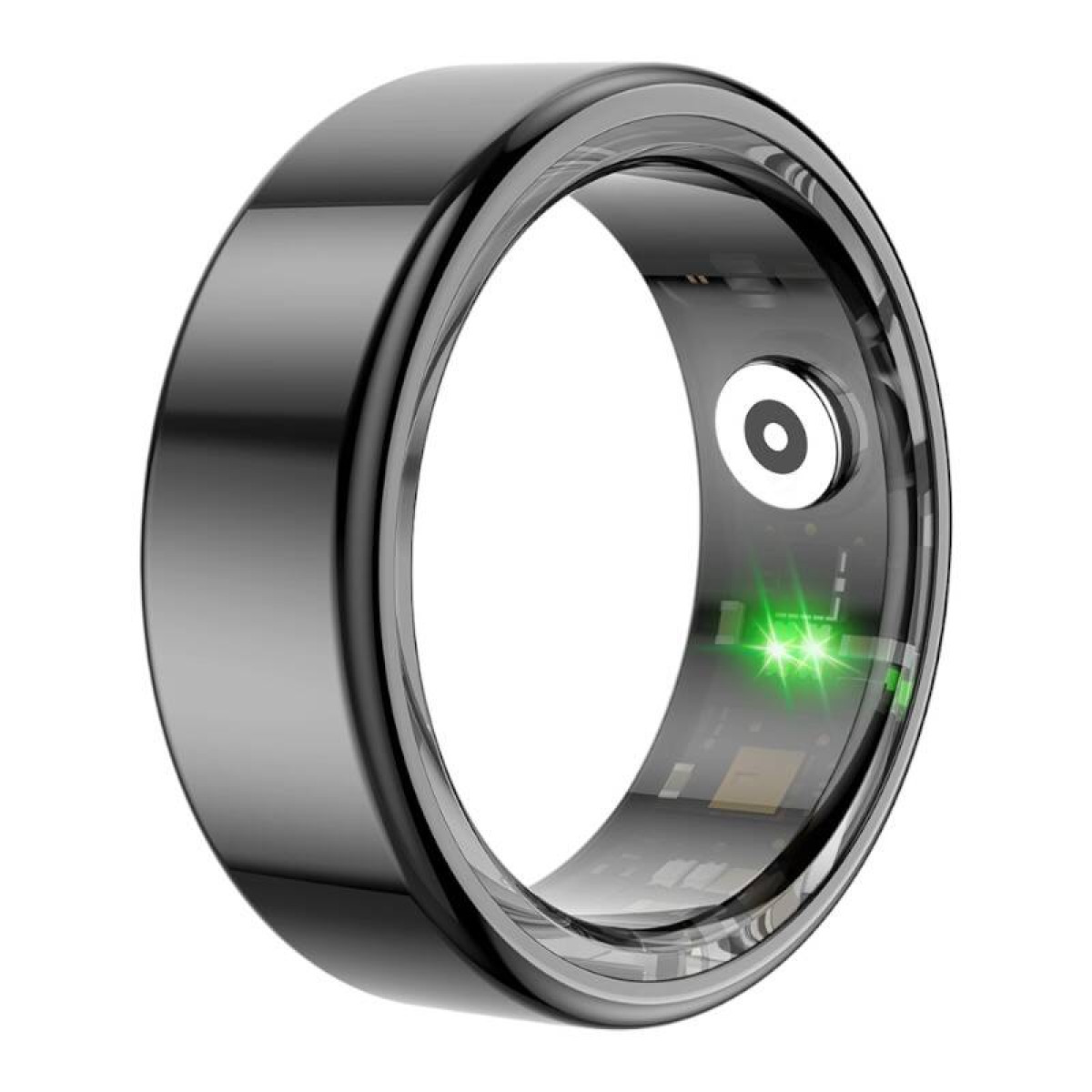 Schwarzes ringförmiges Smart-Gerät mit grünem Licht.