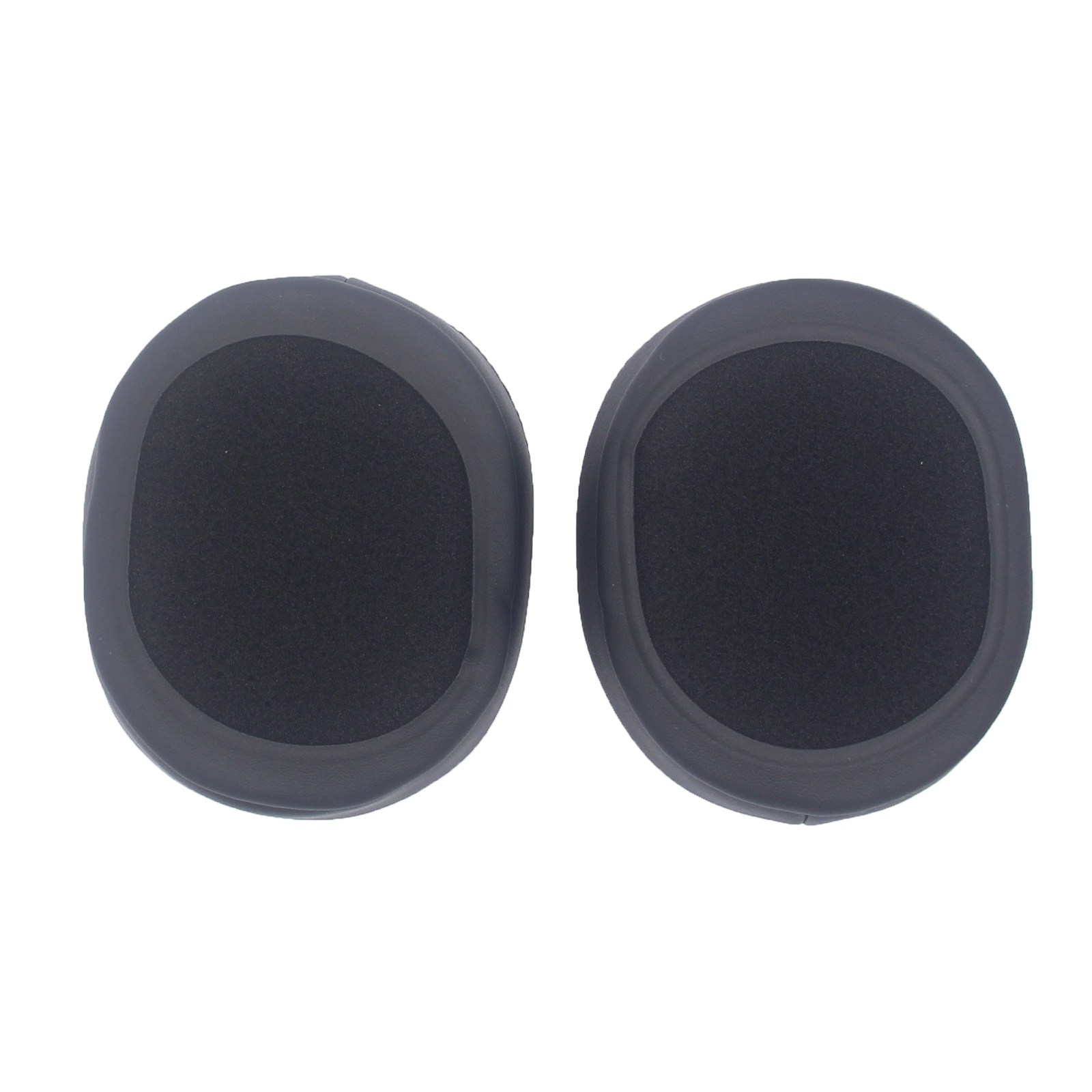 Dwie czarne wkładki do uszu, okrągłe, na białym tle.