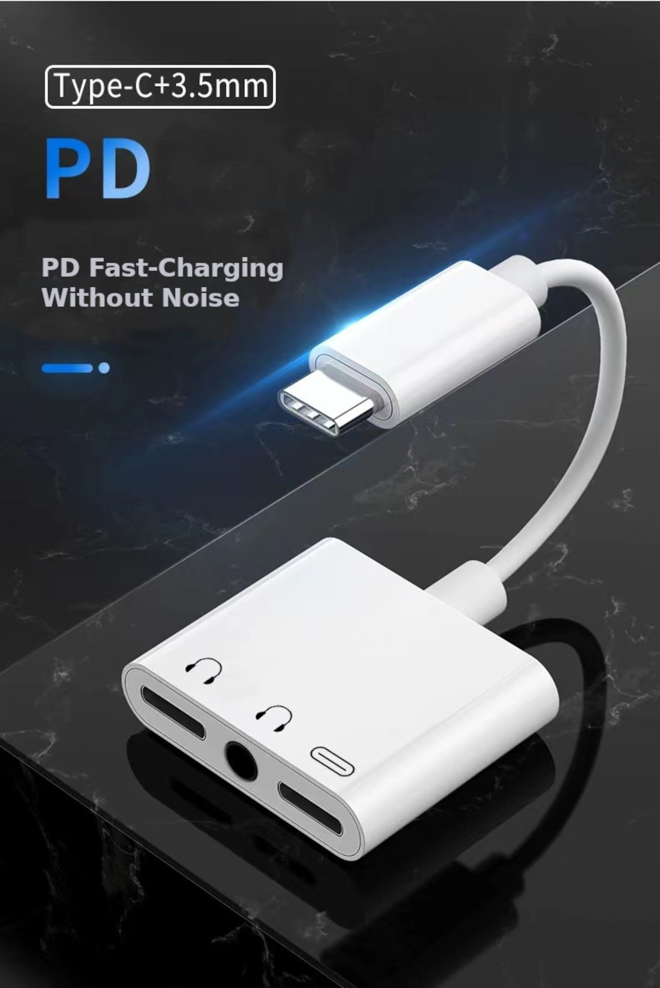 Weißer Adapter mit Typ-C- und 3,5-mm-Anschlüssen. Text: 'PD Fast-Charging Without Noise'.