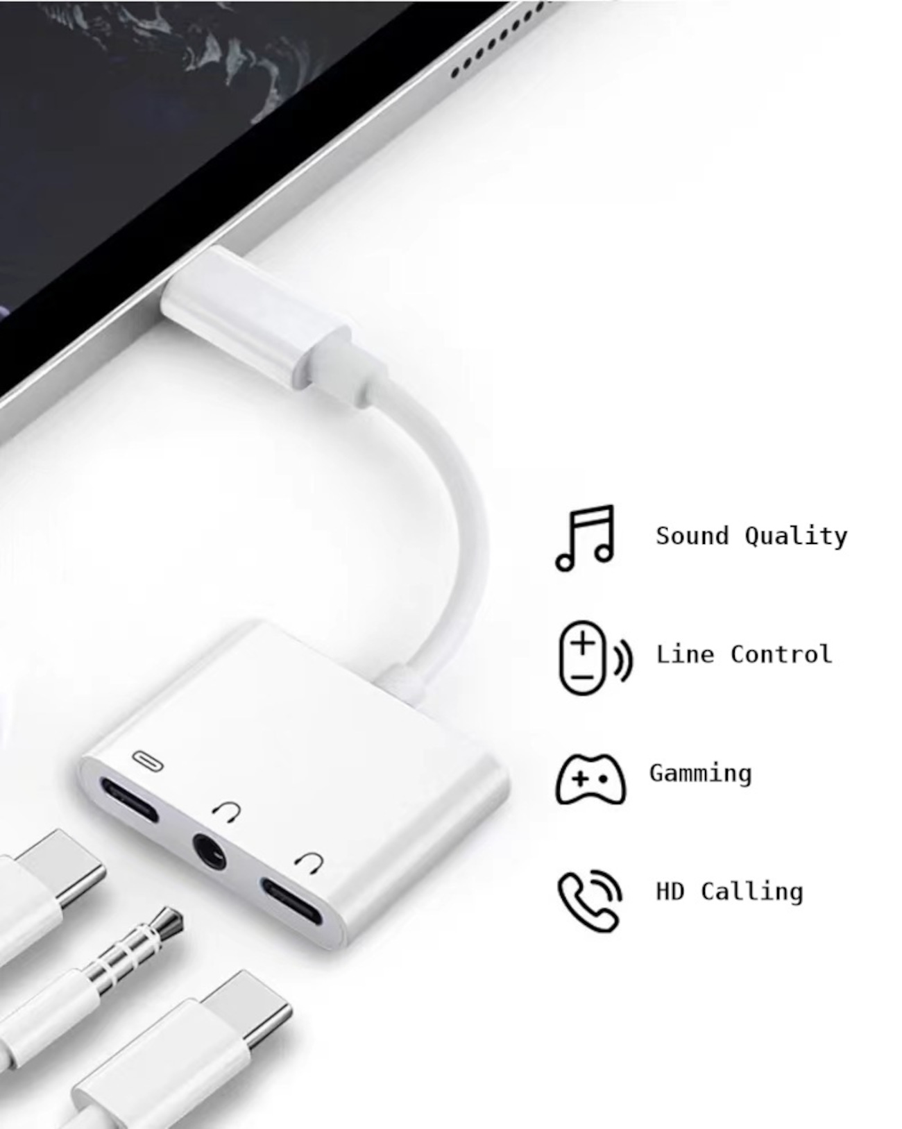 Weißer Adapter mit Anschlüssen für Kopfhörer und Aufladen, neben Symbolen zum Klang.
