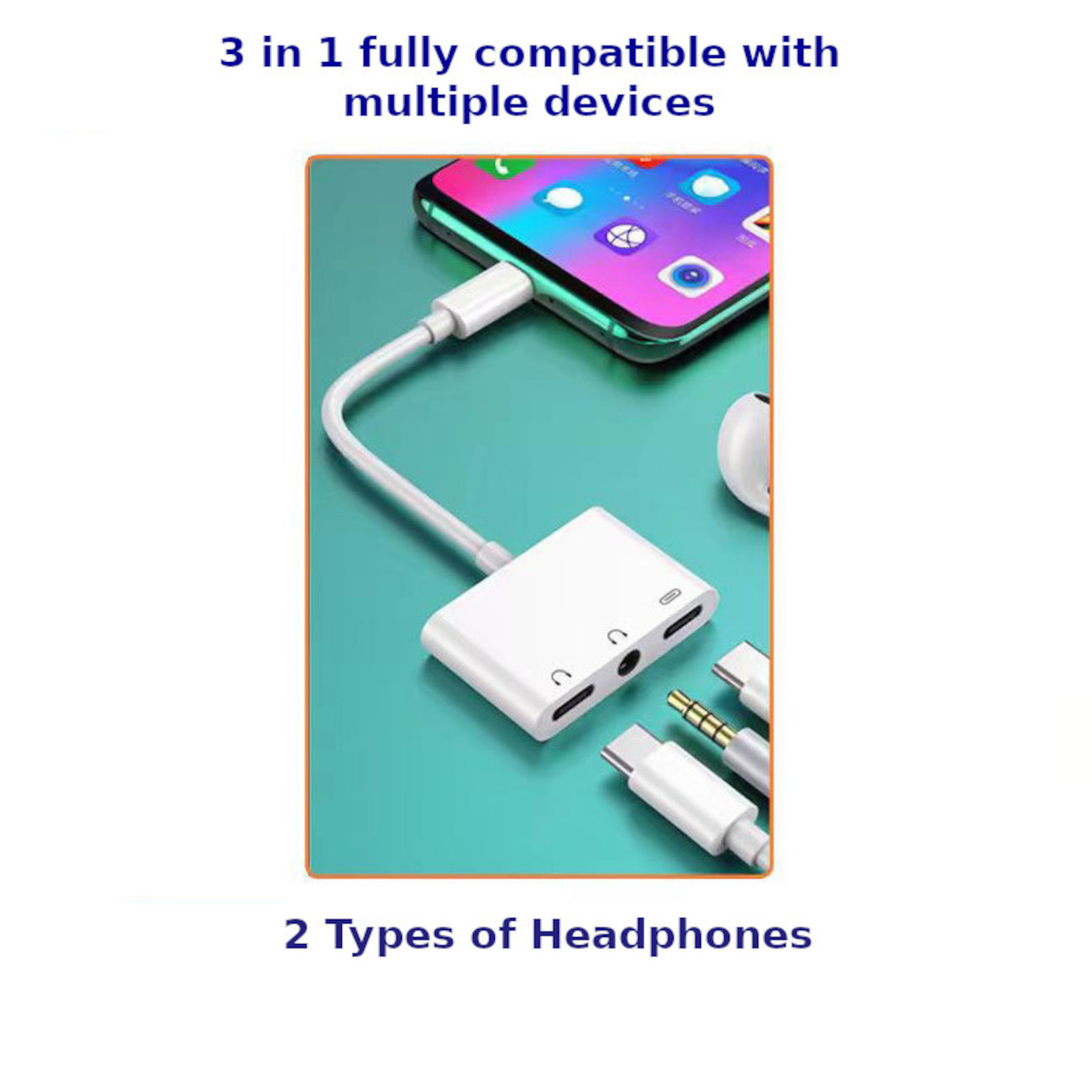 Weißer Adapter mit mehreren Anschlüssen, ein Telefon mit angeschlossenem Kabel.