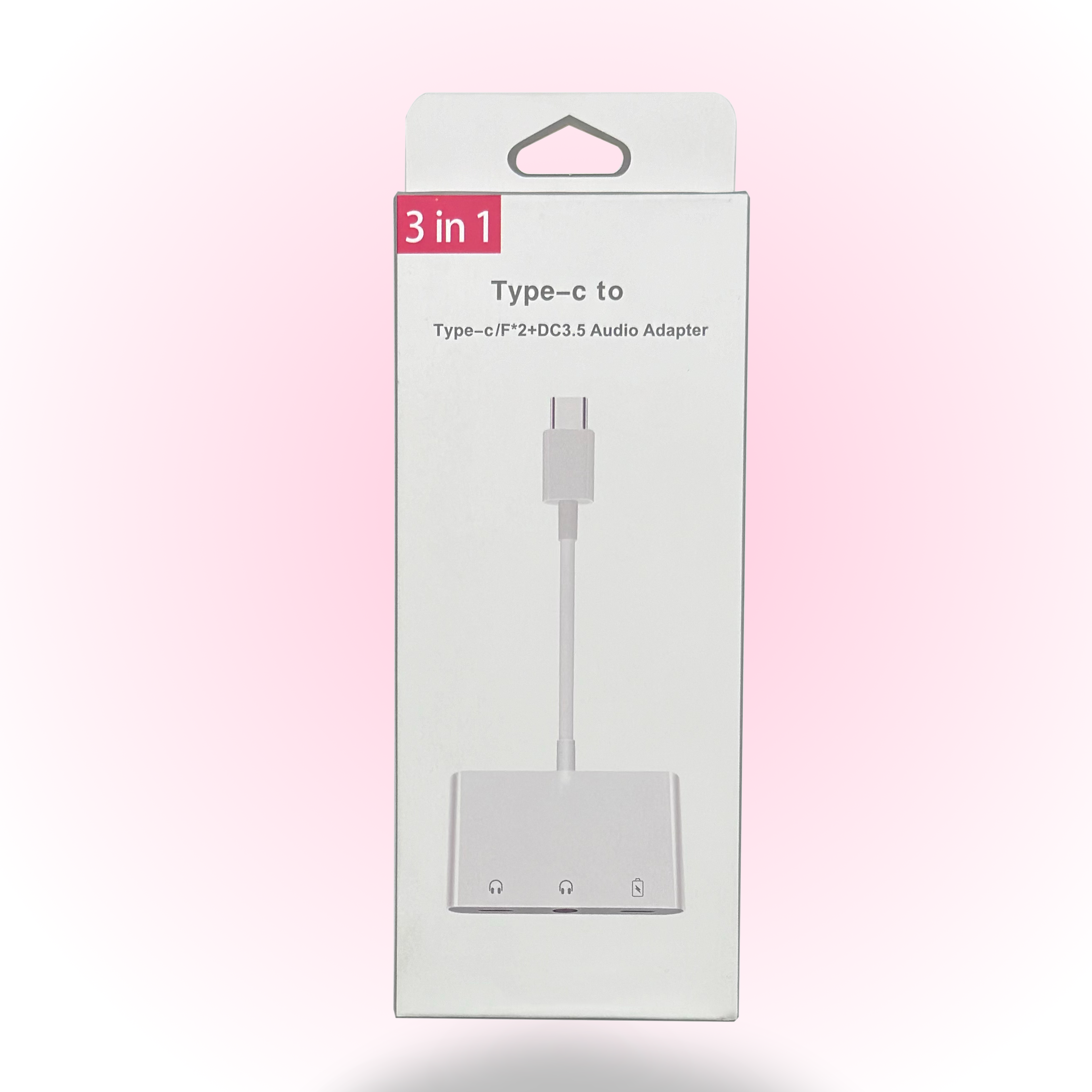 Weiße Box, 3-in-1-Adapter. Zeigt Typ-C zu Typ-C/F+2*DC3.5 Audio Adapter.