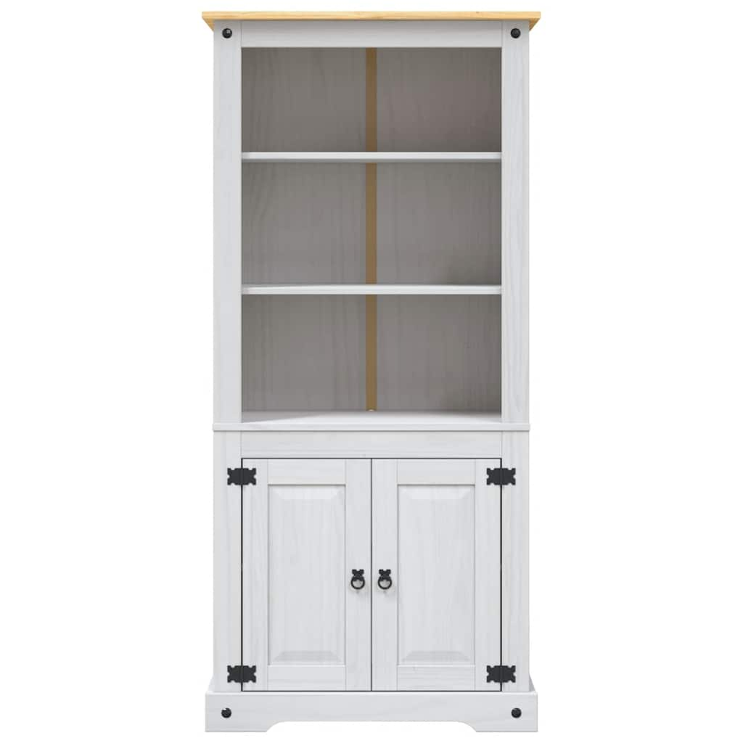 Weißer Holzschrank mit zwei Türen und Regalen. Er hat schwarze Scharniere und Griffe.