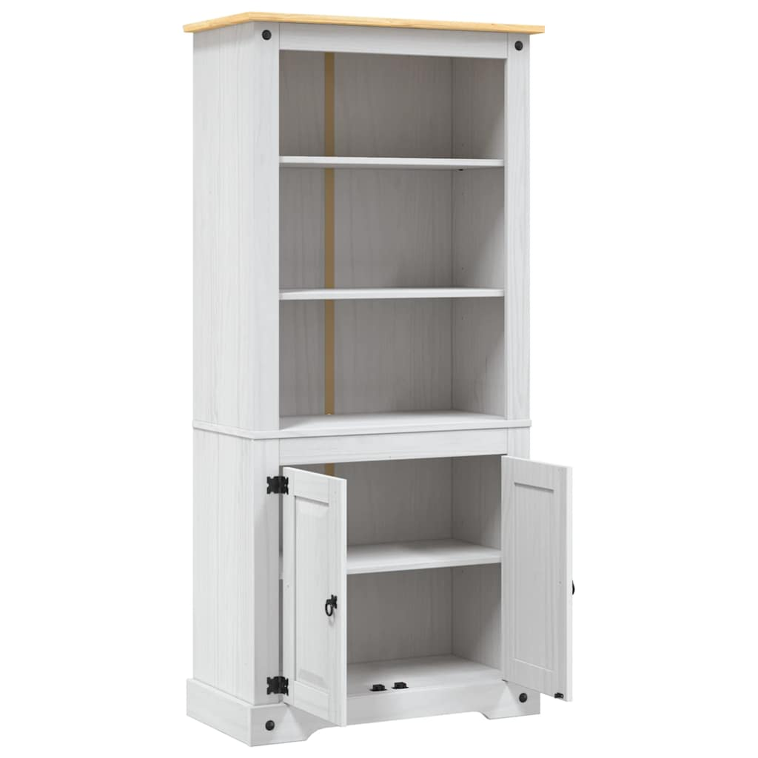 Weißer Schrank mit Regalen und Türen. Oberseite und Regale sind unbemalt. Türen sind offen.