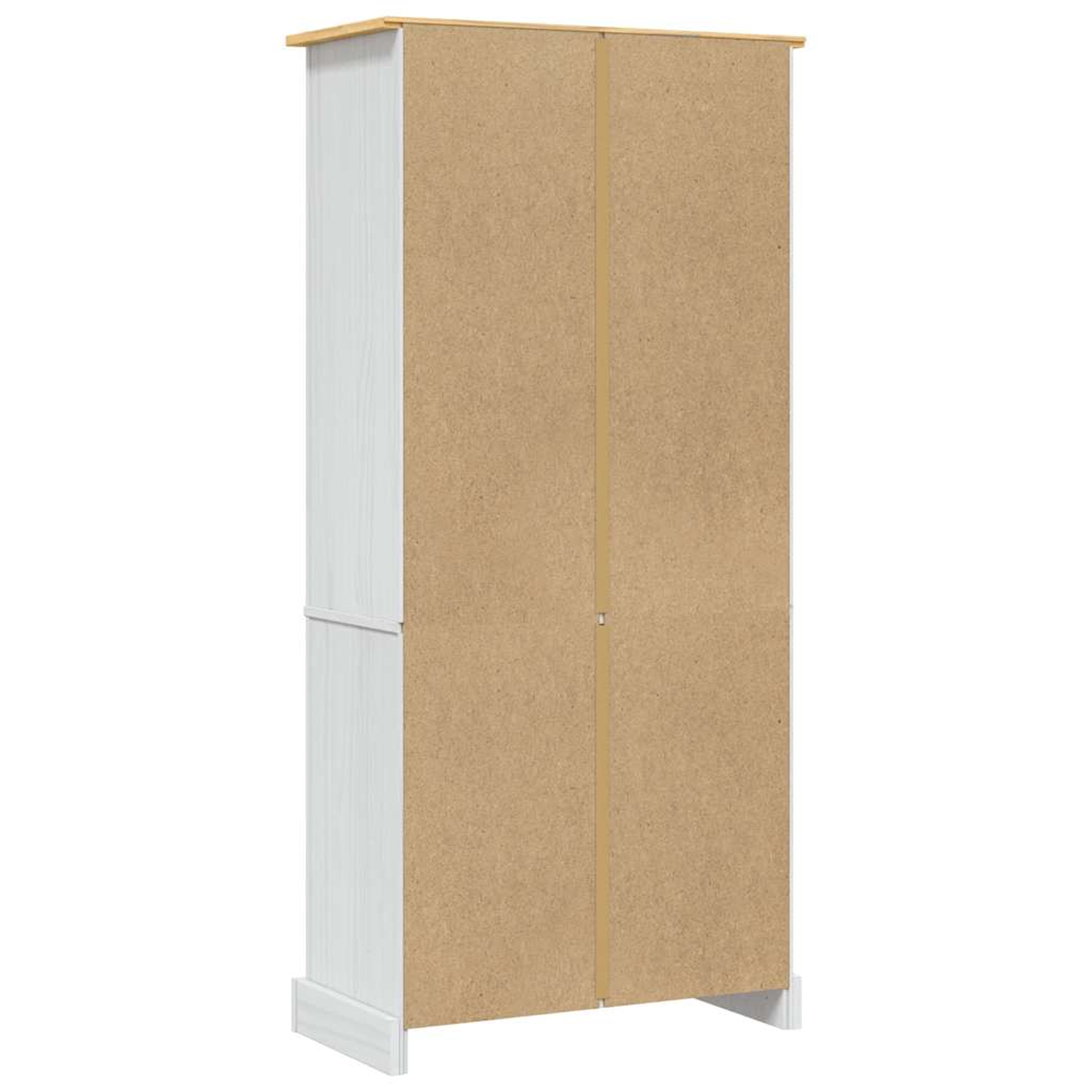 Weiß-brauner Schrank. Die Rückseite ist braun, die Seiten sind weiß. Die Oberseite ist hellbraun.