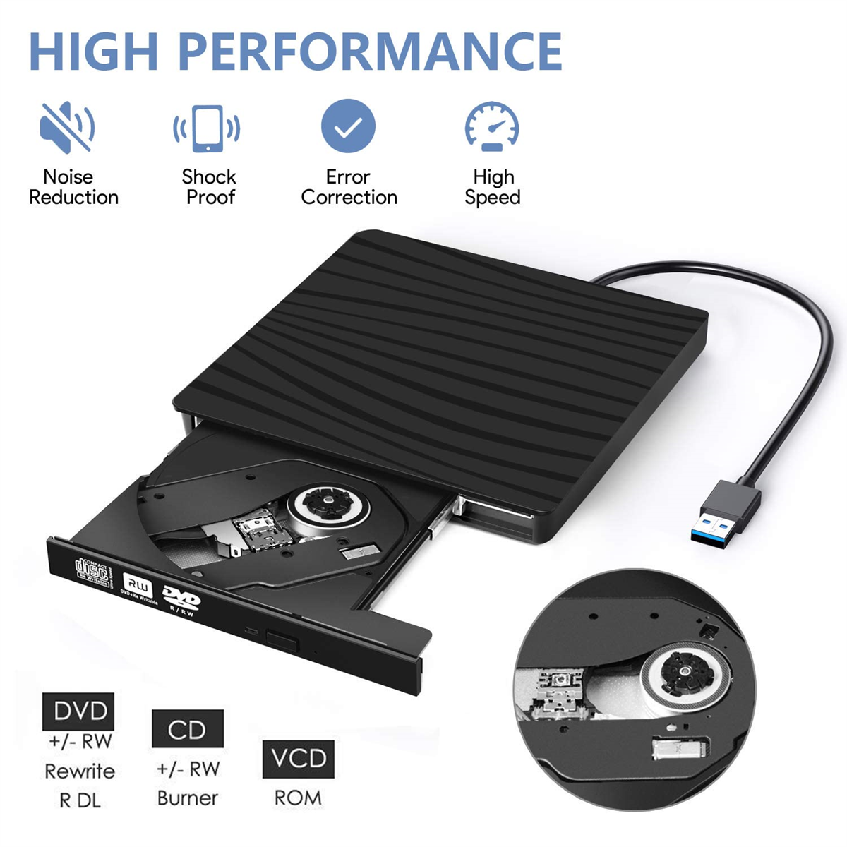 Schwarzes DVD-Laufwerk mit schwarzem USB-Kabel und Etiketten.