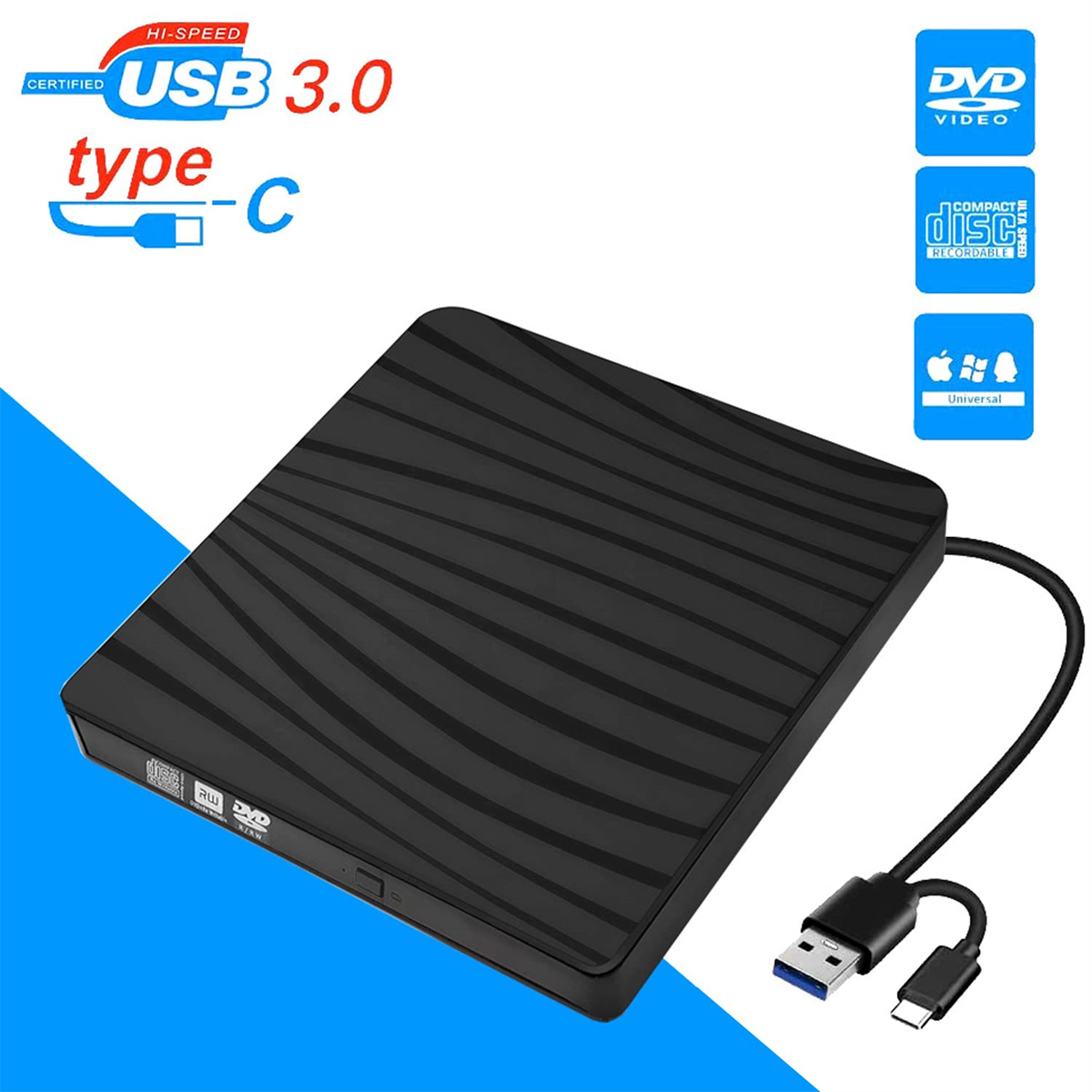 Schwarzes externes DVD-Laufwerk mit USB 3.0 und Typ-C-Anschluss. Es ist auf blauem Hintergrund.