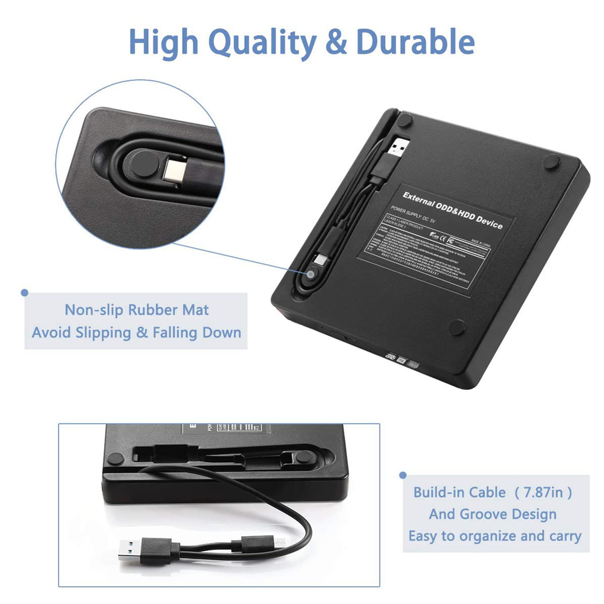 Schwarze externe Festplatte mit Kabel. Sie hat eine rutschfeste Gummimatte. Der Text lautet 'High Quality & Durable'.