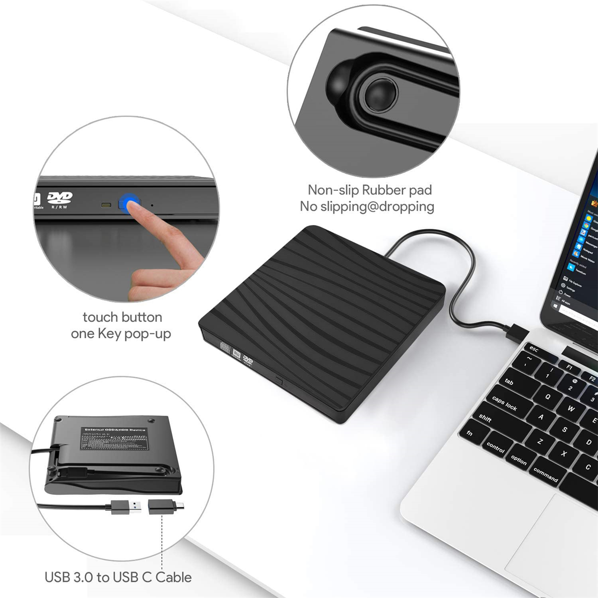 Schwarzes DVD-Laufwerk, das an einen Laptop angeschlossen ist. USB-Kabel und eine Taste im Bild.