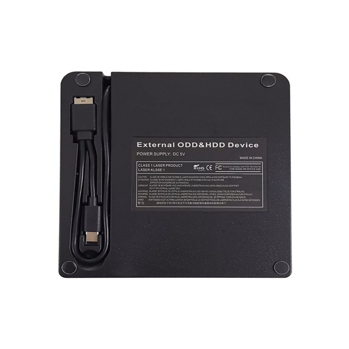 Ein schwarzes externes Festplattengerät mit USB-Kabel und Netzteil-Etikett.