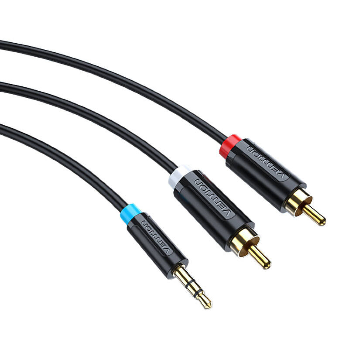 Drei Audiokabel: eines mit blauem Stecker, eines mit weißem Stecker und eines mit rotem Stecker.