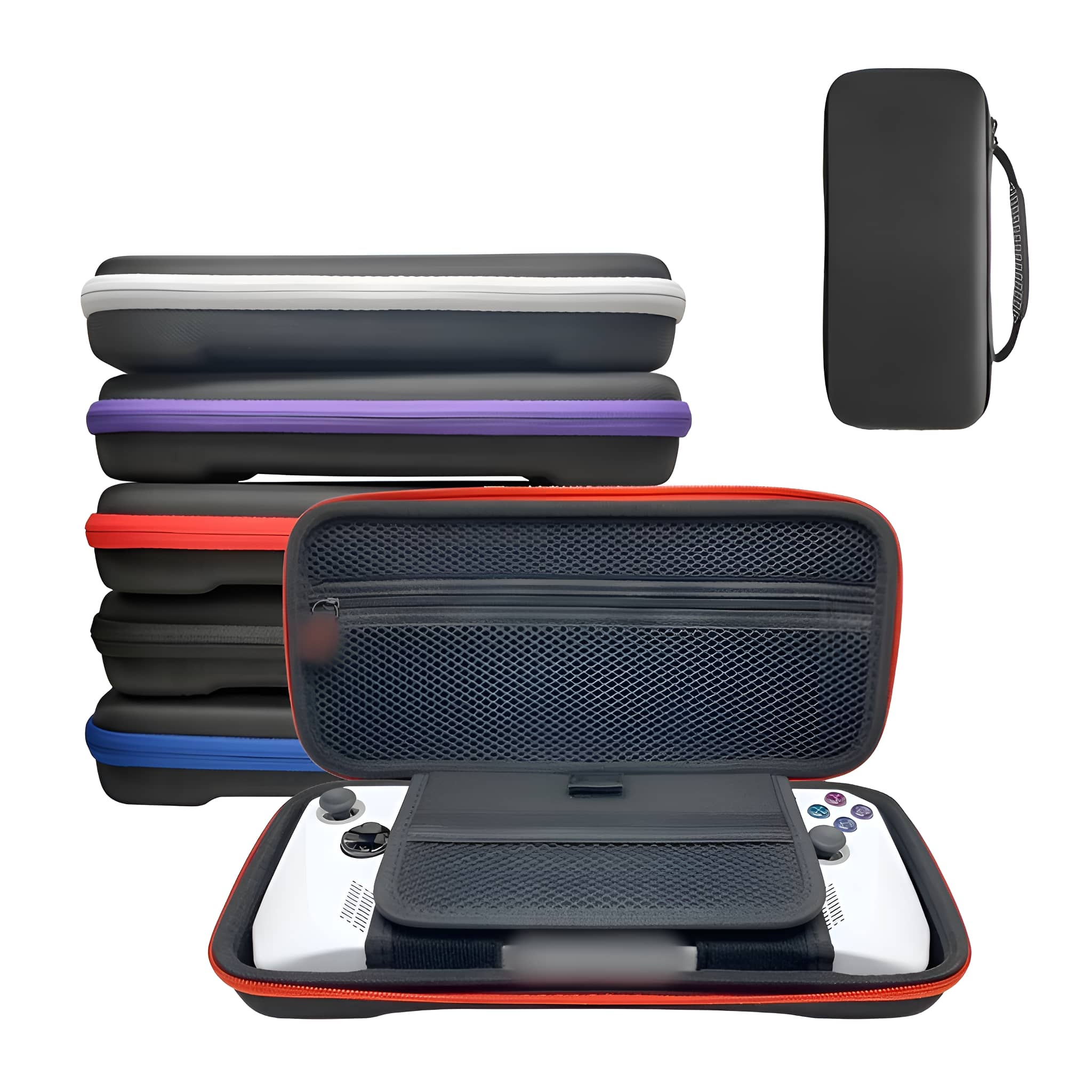 Mehrere Hüllen für eine Handheld-Konsole, offene Hülle mit sichtbarer Konsole.