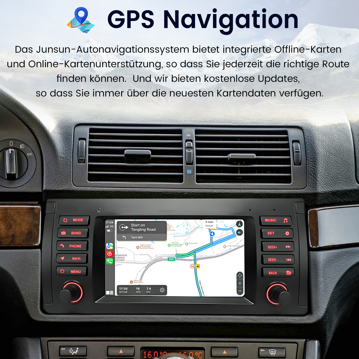 Deska rozdzielcza samochodu z ekranem nawigacji GPS pokazującym mapę trasy i elementy sterowania samochodem.
